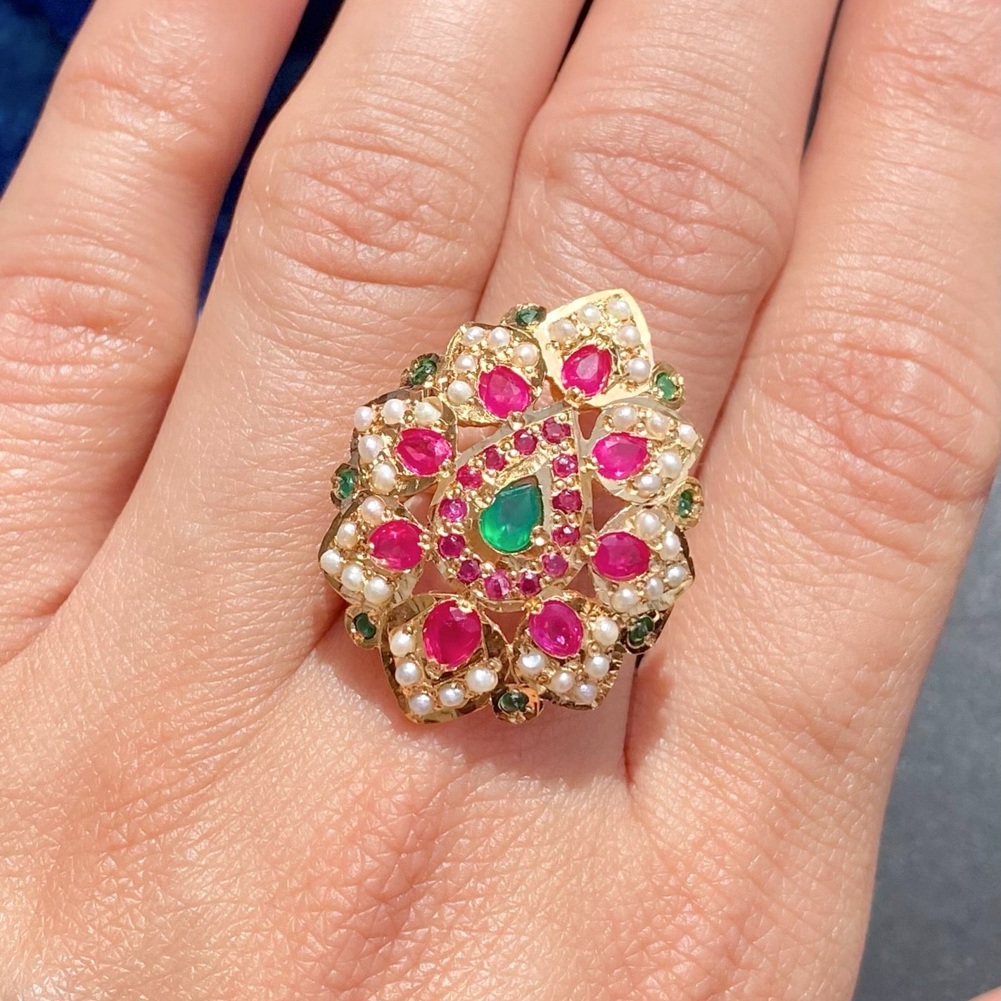 Ruby Emerald Ring For Women | 925 Silver Gold Plated | Premium Jadau Ornaments For Gifting