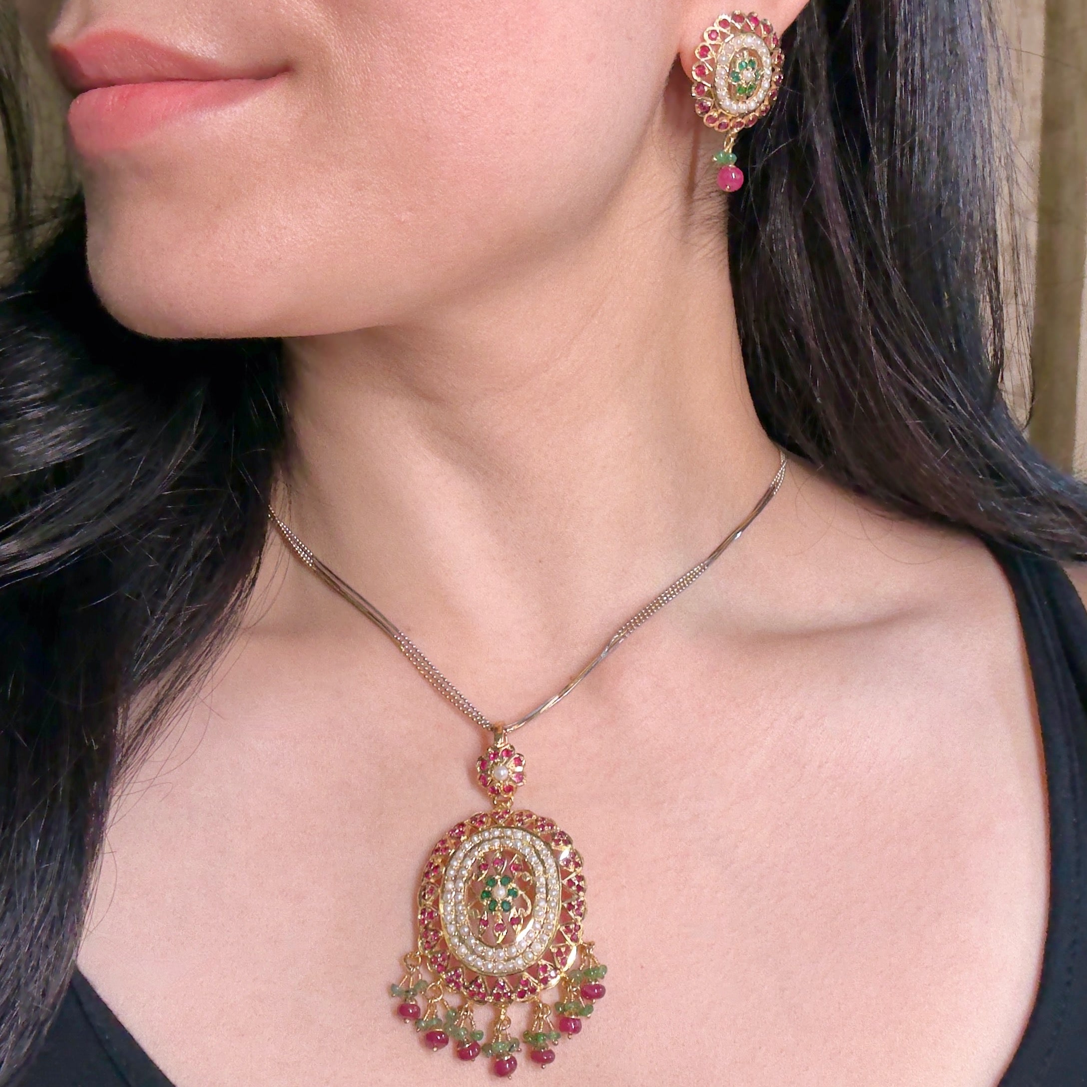 Oval Jadau Pendant Set | Gold Plated on Sterling Silver