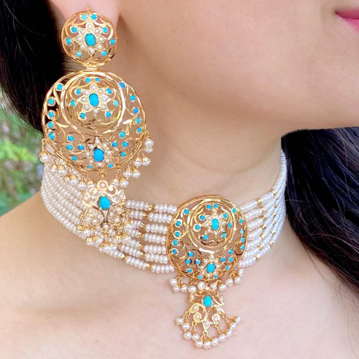 real pearls choker set in gold polished silver Feroza Choker Set | Statement Jewelry Pieces for Destination Wedding