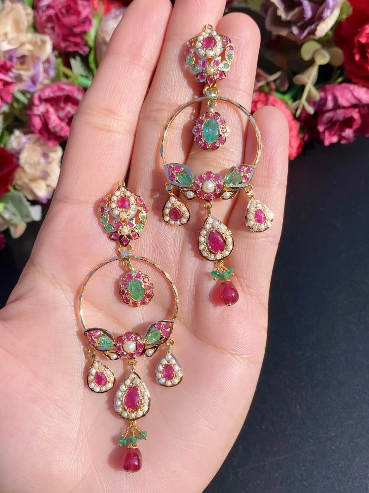 cute delicate chandbali earrings in real 22k gold studded with rubies emeralds