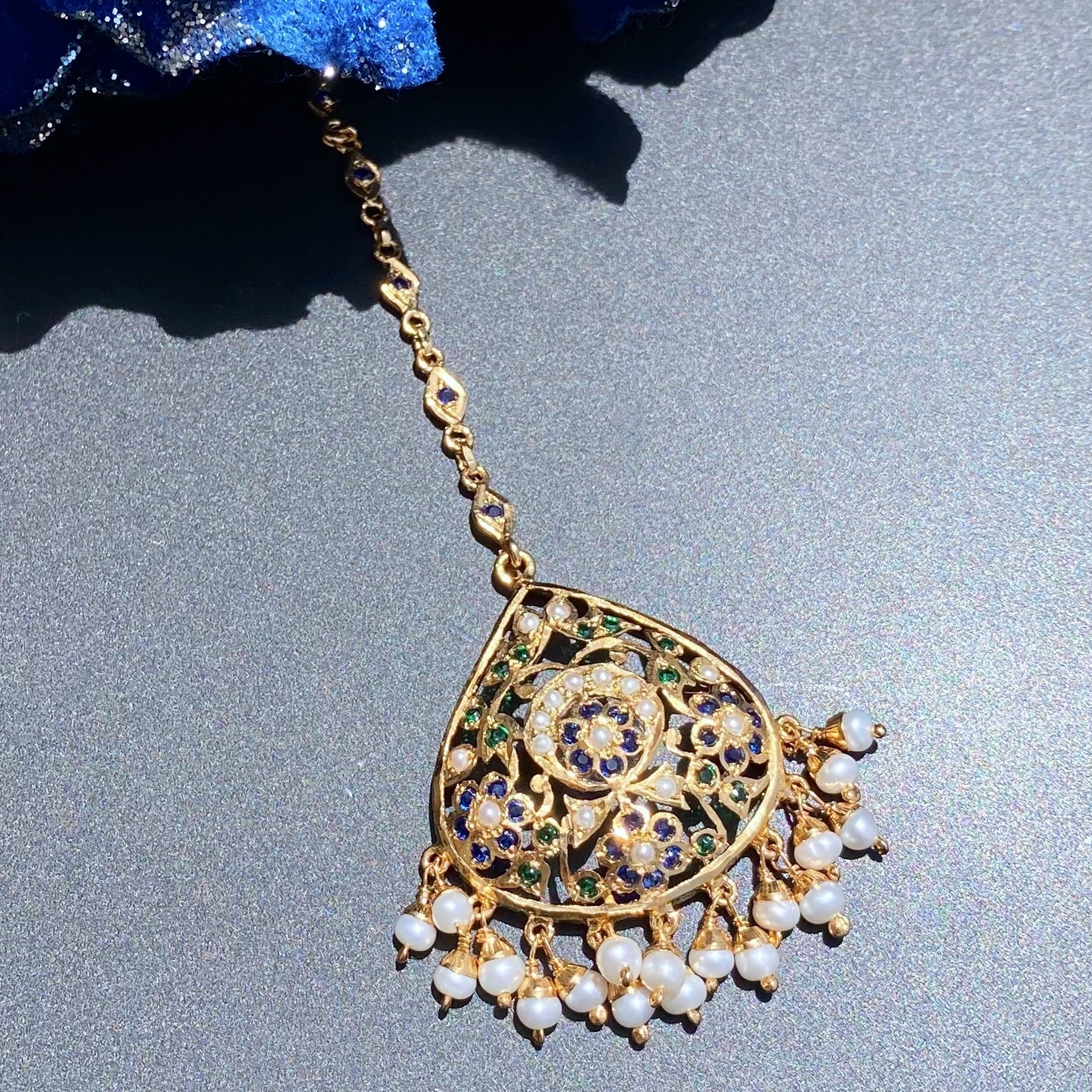 Floral Jadau Maang Teeka Bindiya| Blue Green Color Combination | Gold Plated on Silver