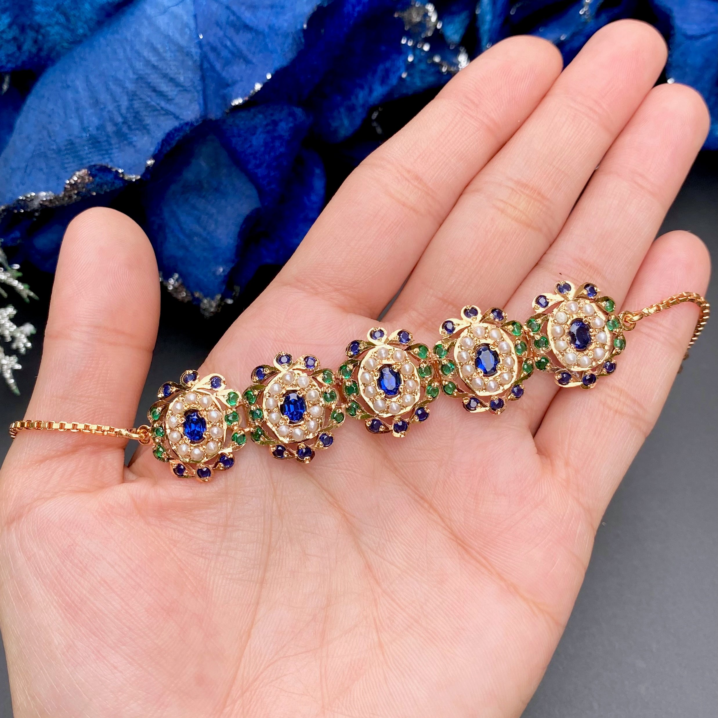 Silver Bracelet For Women & Girls | Jadau Wristlet with Blue Green Stones