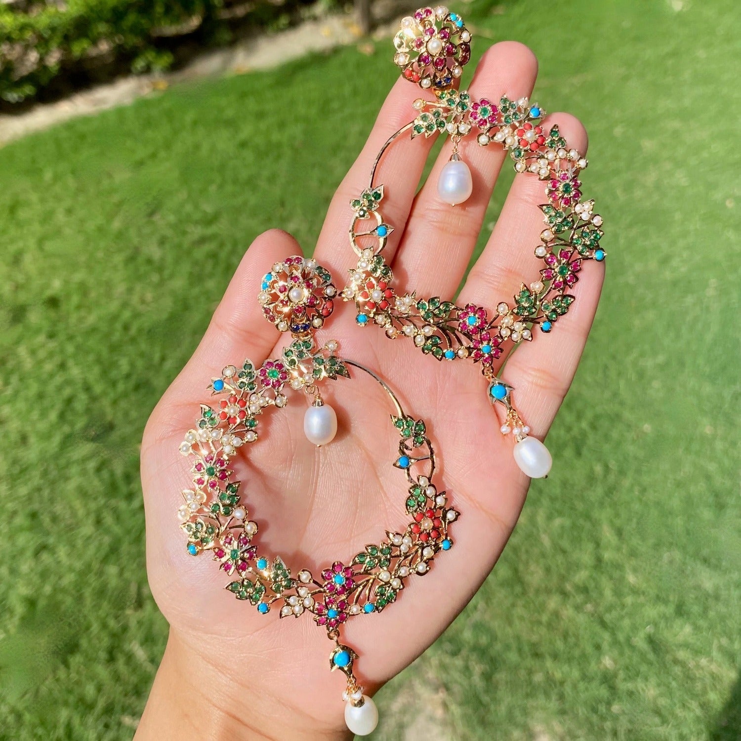 floral navratna earrings for women