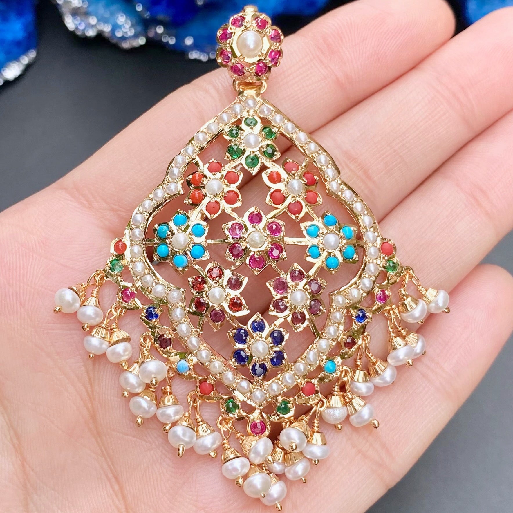 Floral Navaratna Pendant Set | Exquisite Gold Plated Jewelry Set