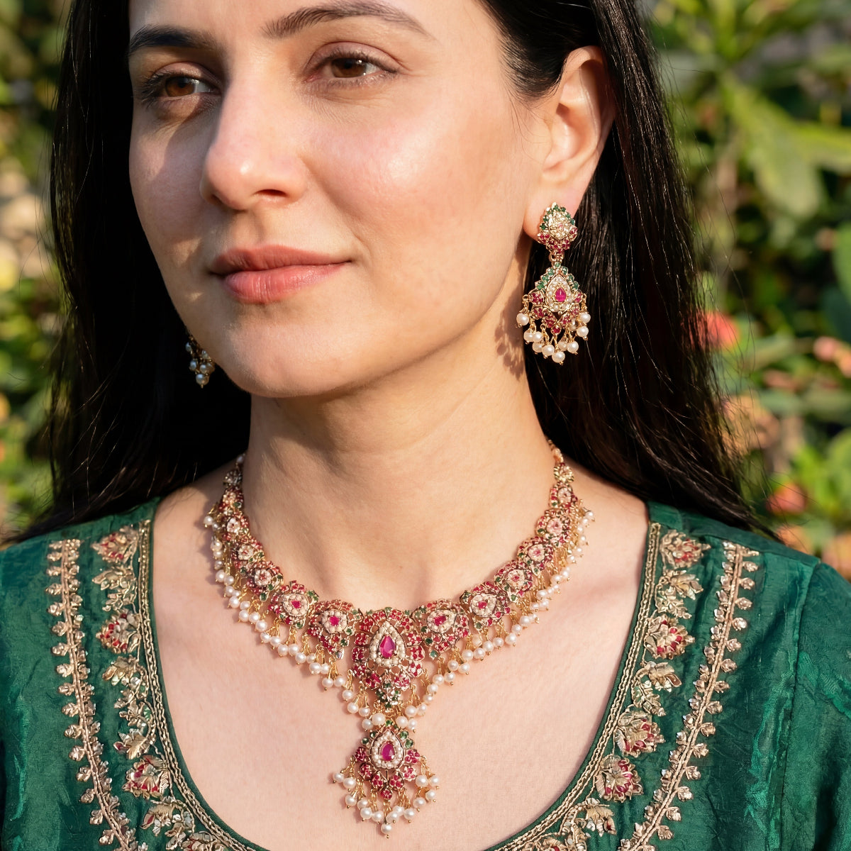Ethnic Jadau Necklace Set | Gold Plated on Silver | Ruby Emerald Pearl Combination NS 421