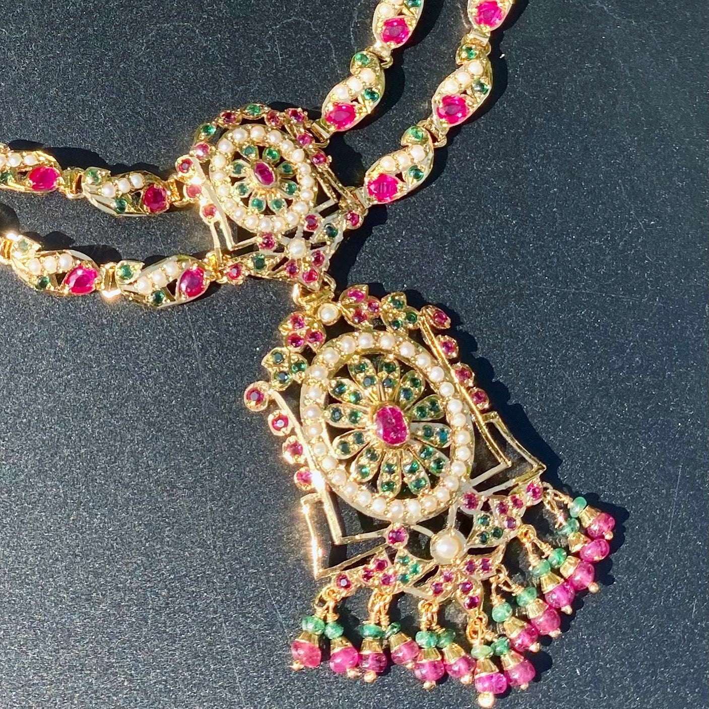 Ruby-Green Pearl Jadau Pendant Choker Set | Gold Plated Silver NS 449