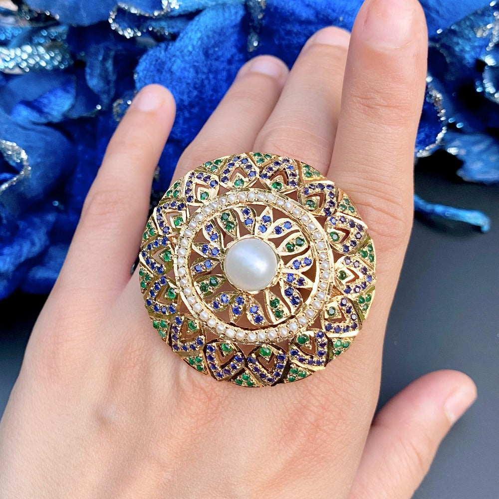 Gold Plated Silver Rings For Women | Statement Mughal Design Cocktail Ring LR 022