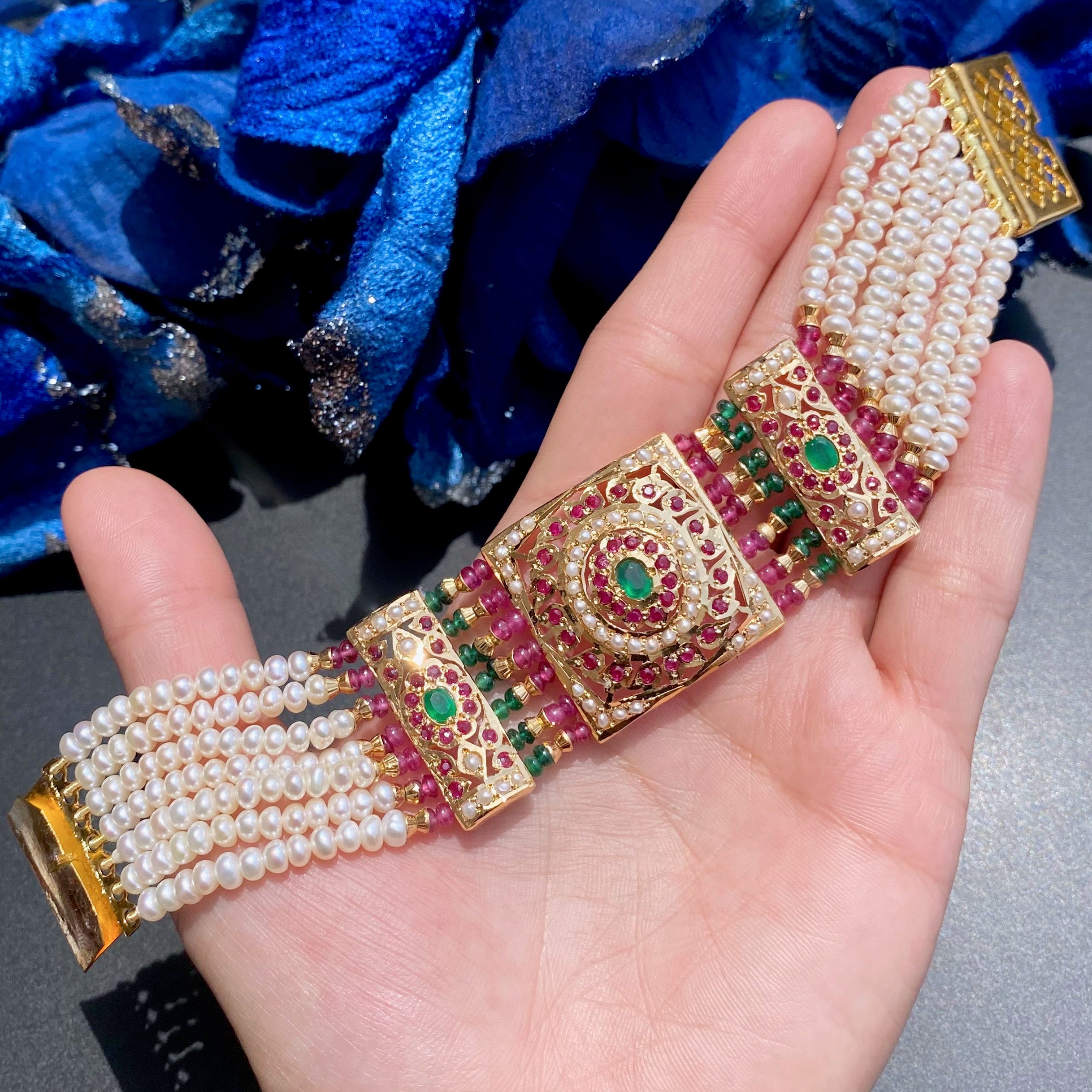 Gold Plated Jadau Dasti | Premium Materials & Finish | Antique Indian Women's Bracelet