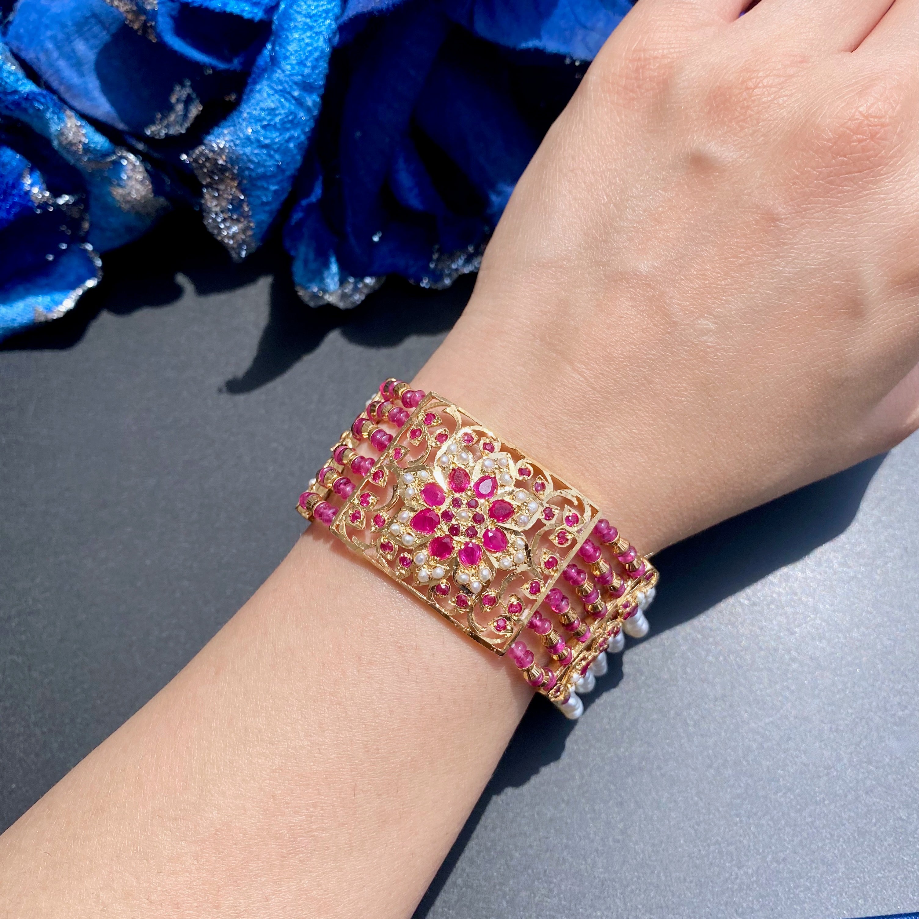 Ruby Red Jadau Bracelet | Gold Plated on Silver | Real Pearl & Ruby Beads BG 115