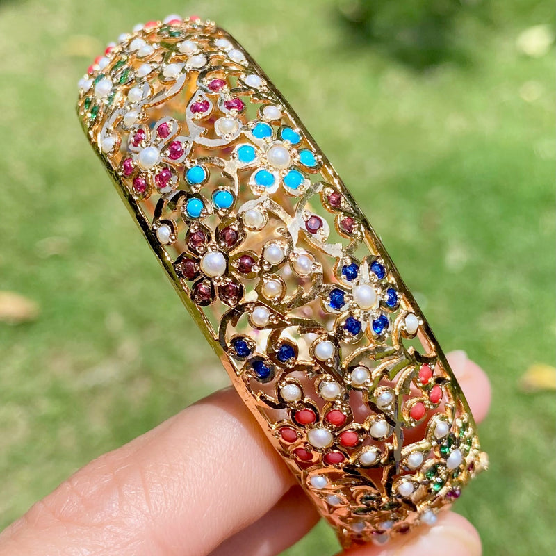 Floral Navratna Kada on 925 Silver Base with Gold Plating BG 175