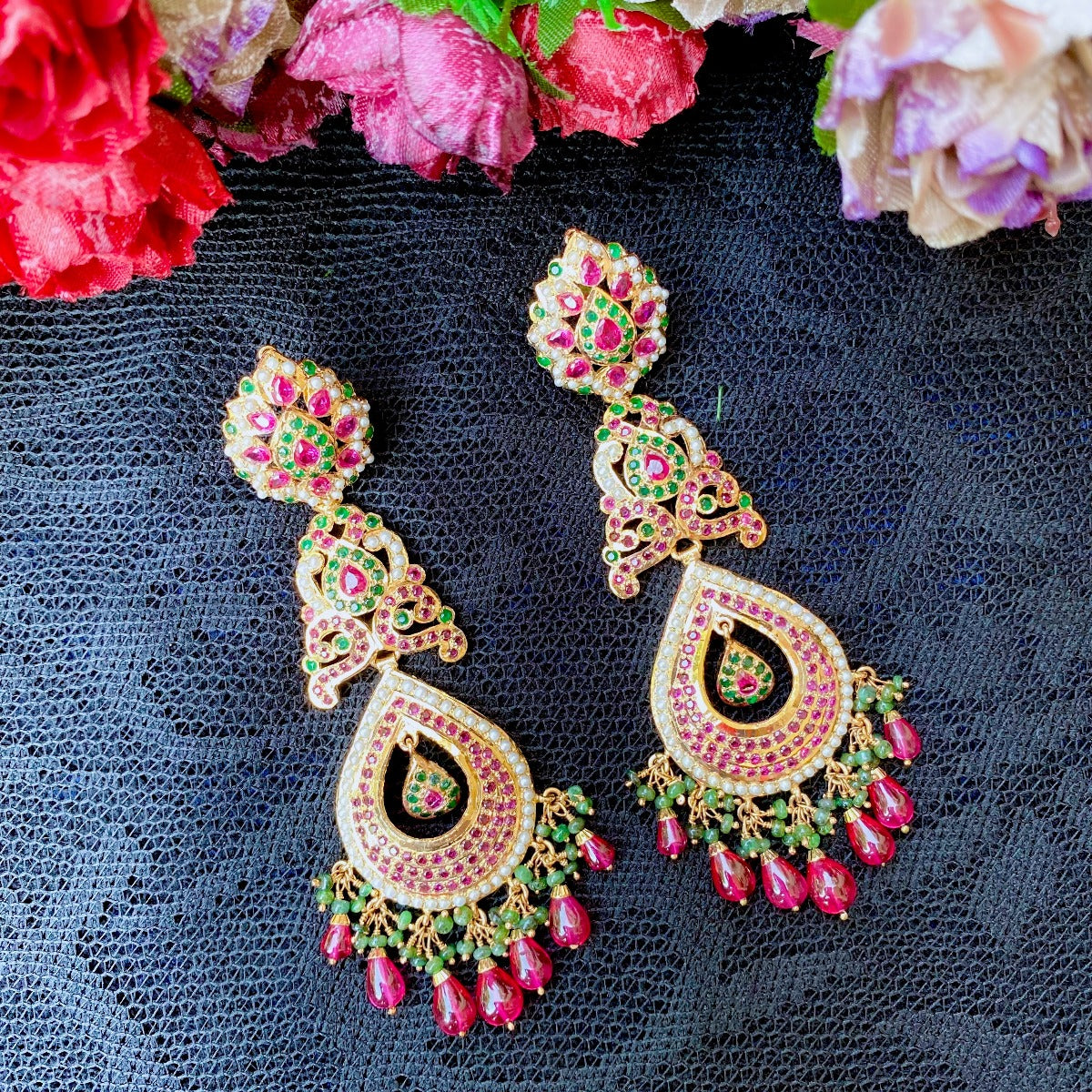 jadau long drop shaped danglers in gold plated silver multicolored