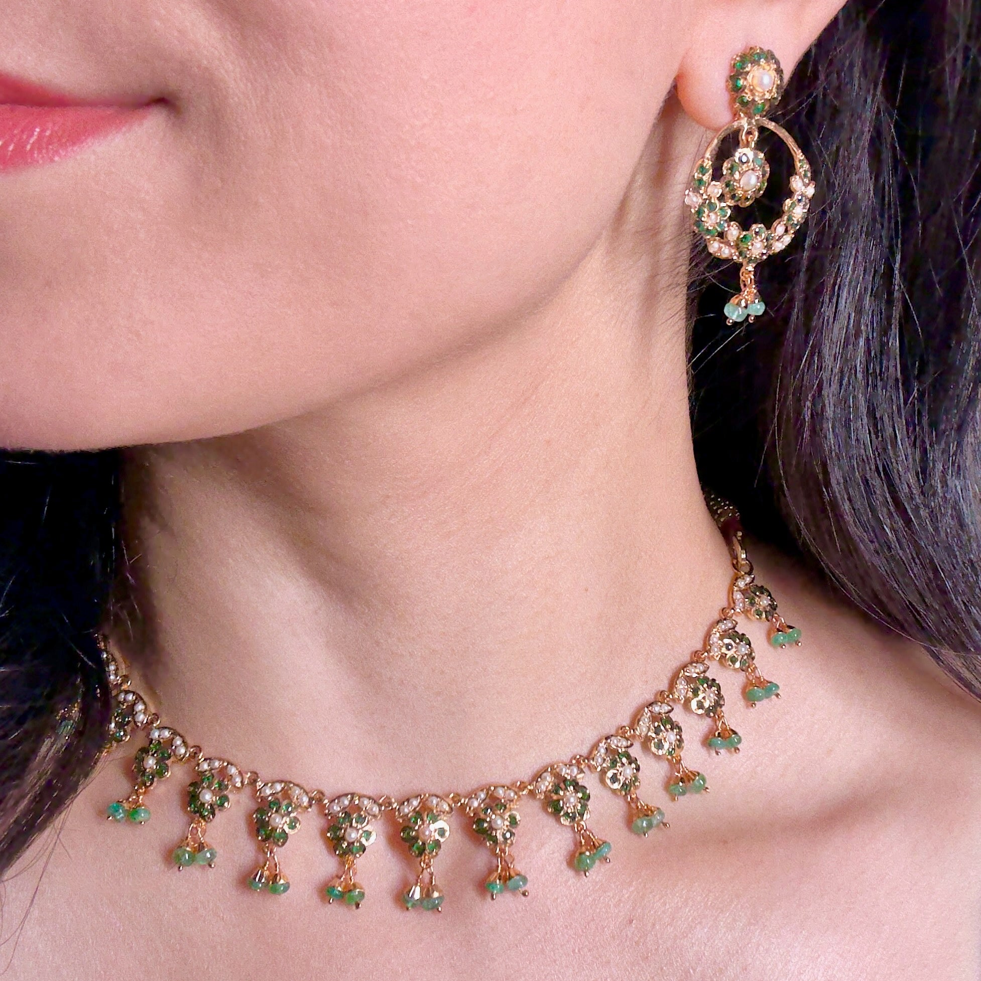 Delicate Emerald Green Necklace Set | 925 Silver with Gold Plating | Fine Indian Fashion Jewellery Set
