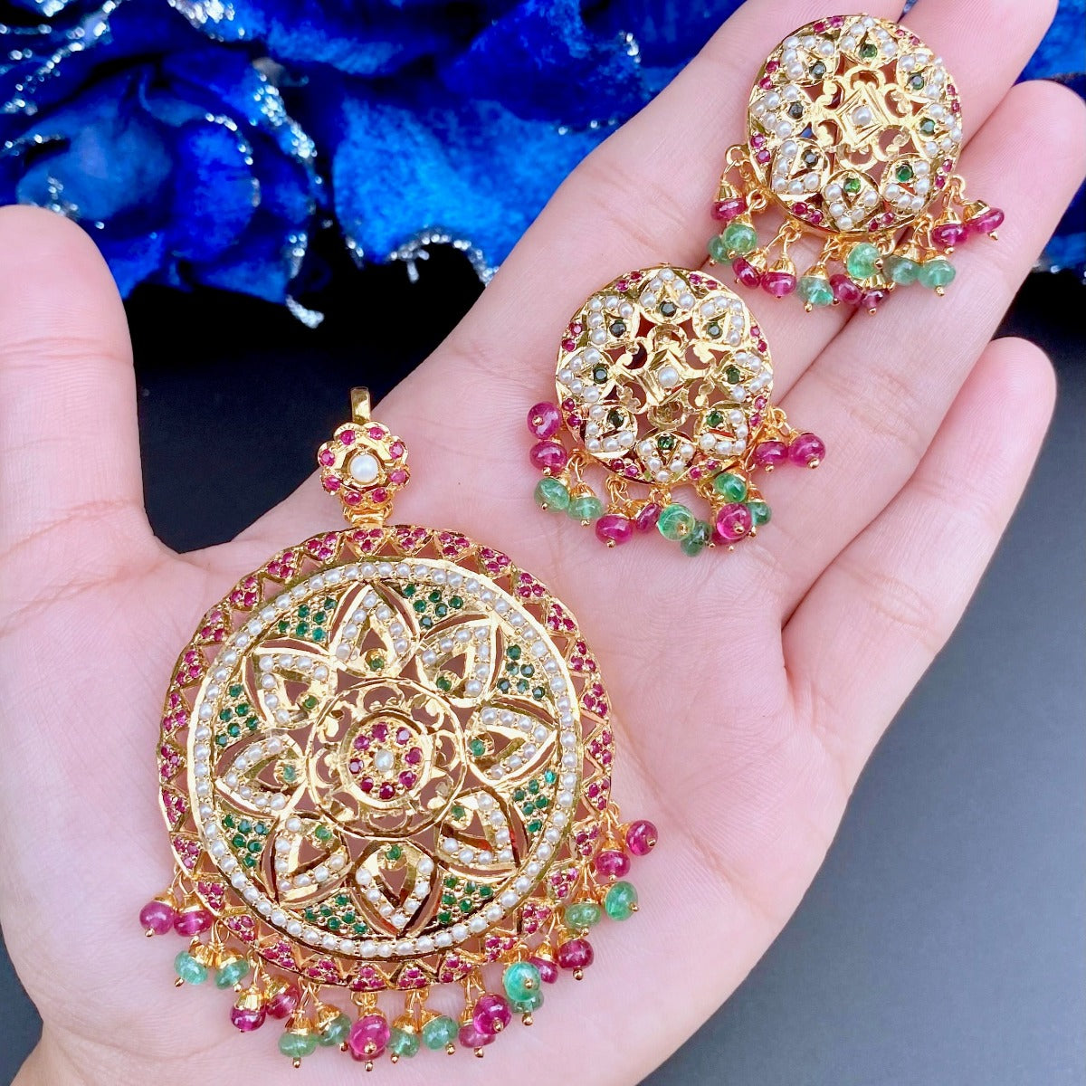 Multicoloured Jadau Pendant Set | Buy Premium Indian Jewelry Sets Online PS 109