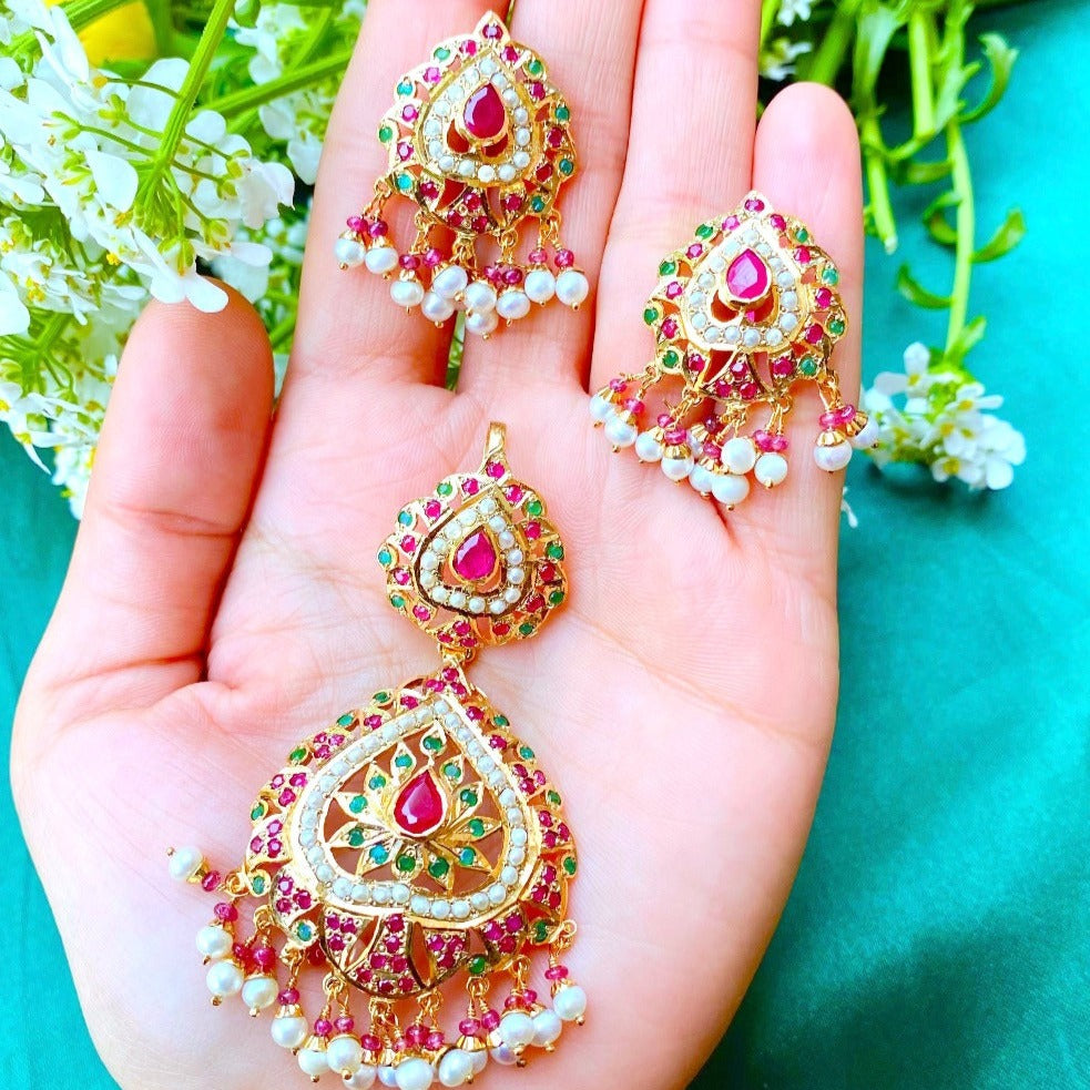 Gold Plated Jadau Pendant Set made in 925 Silver PS 008