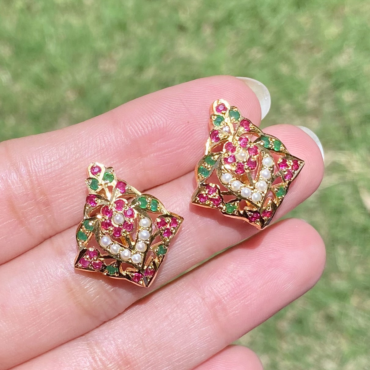 gold plated ruby emerald earrings