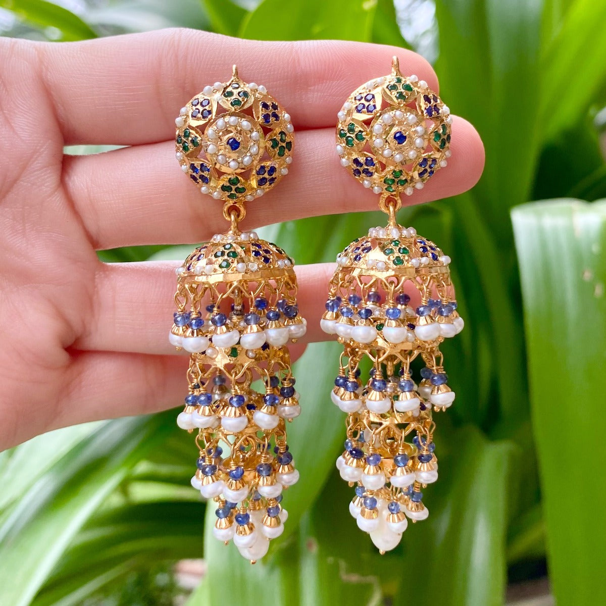 jadau tripple jhumka earrings long slender design gold plated silver