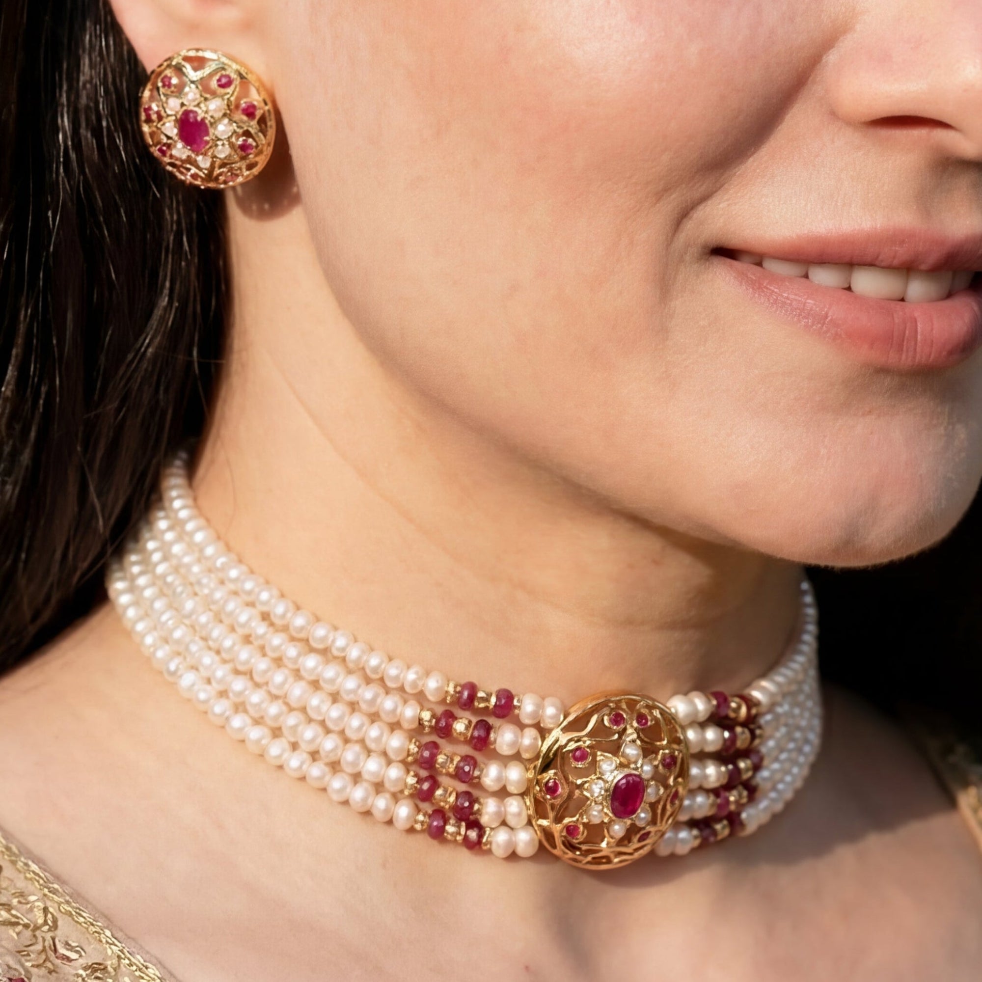 Delicate Ruby Pearl Choker | Freshwater Pearls Choker Set on Silver Base NS 356