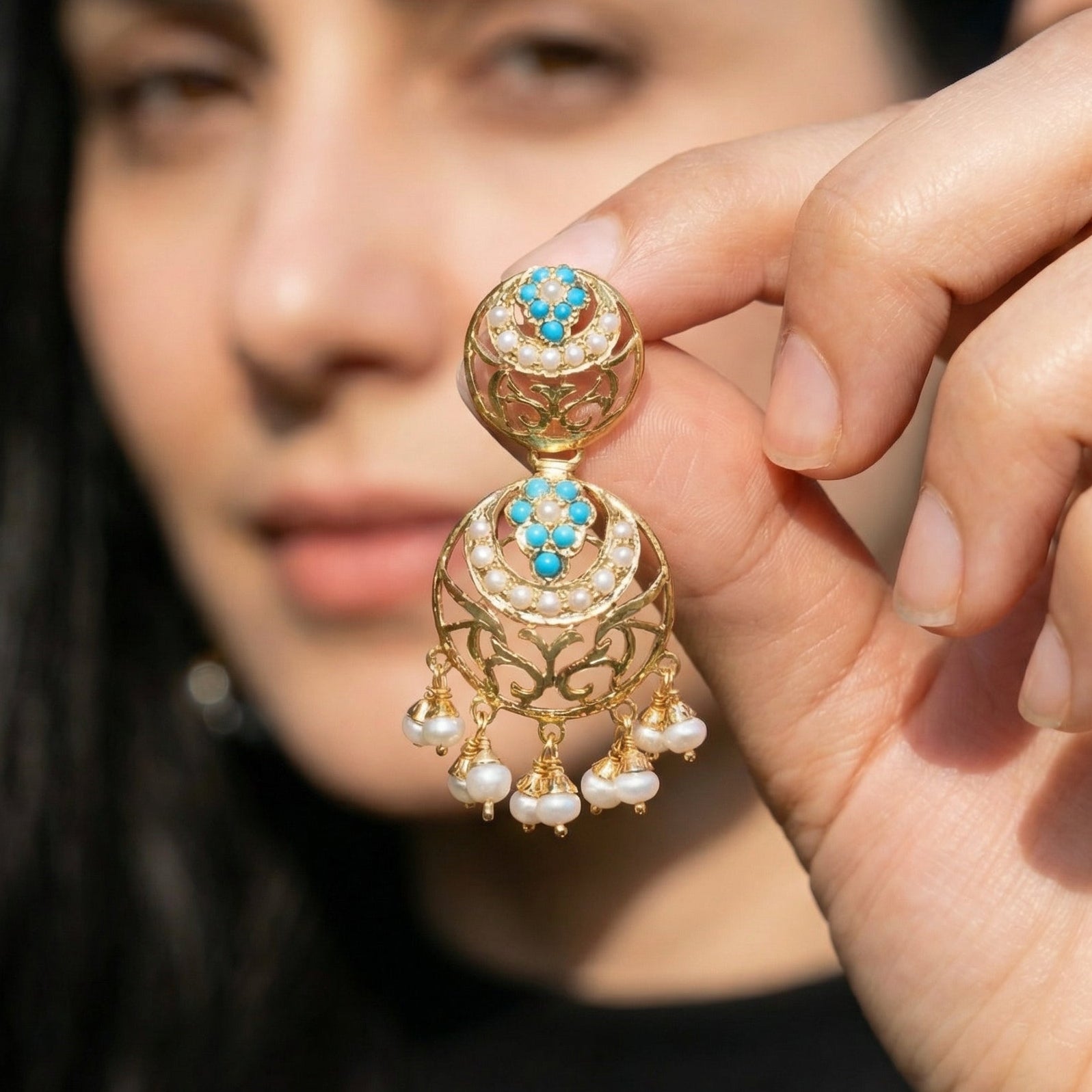 Small Turquoise Pearl Earrings for Girls | Gold Plated on Silver ER 586