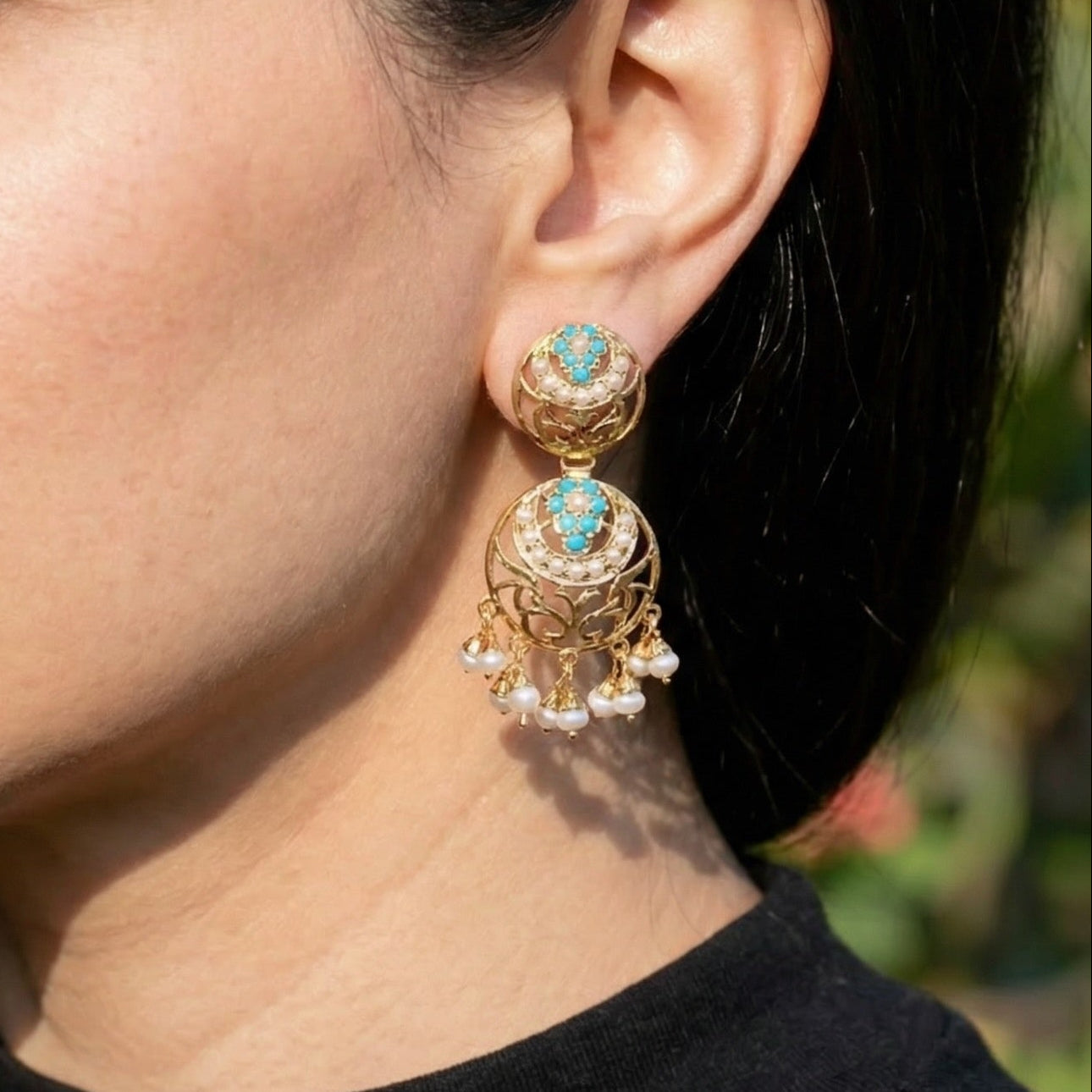 Small Turquoise Pearl Earrings for Girls | Gold Plated on Silver ER 586