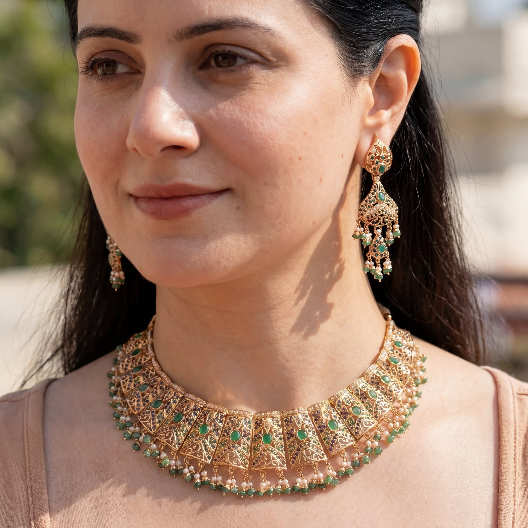 गोल्ड प्लेटेड जड़ाऊ नेकलेस सेट | 925 सिल्वर नेकलेस सेट NS 218