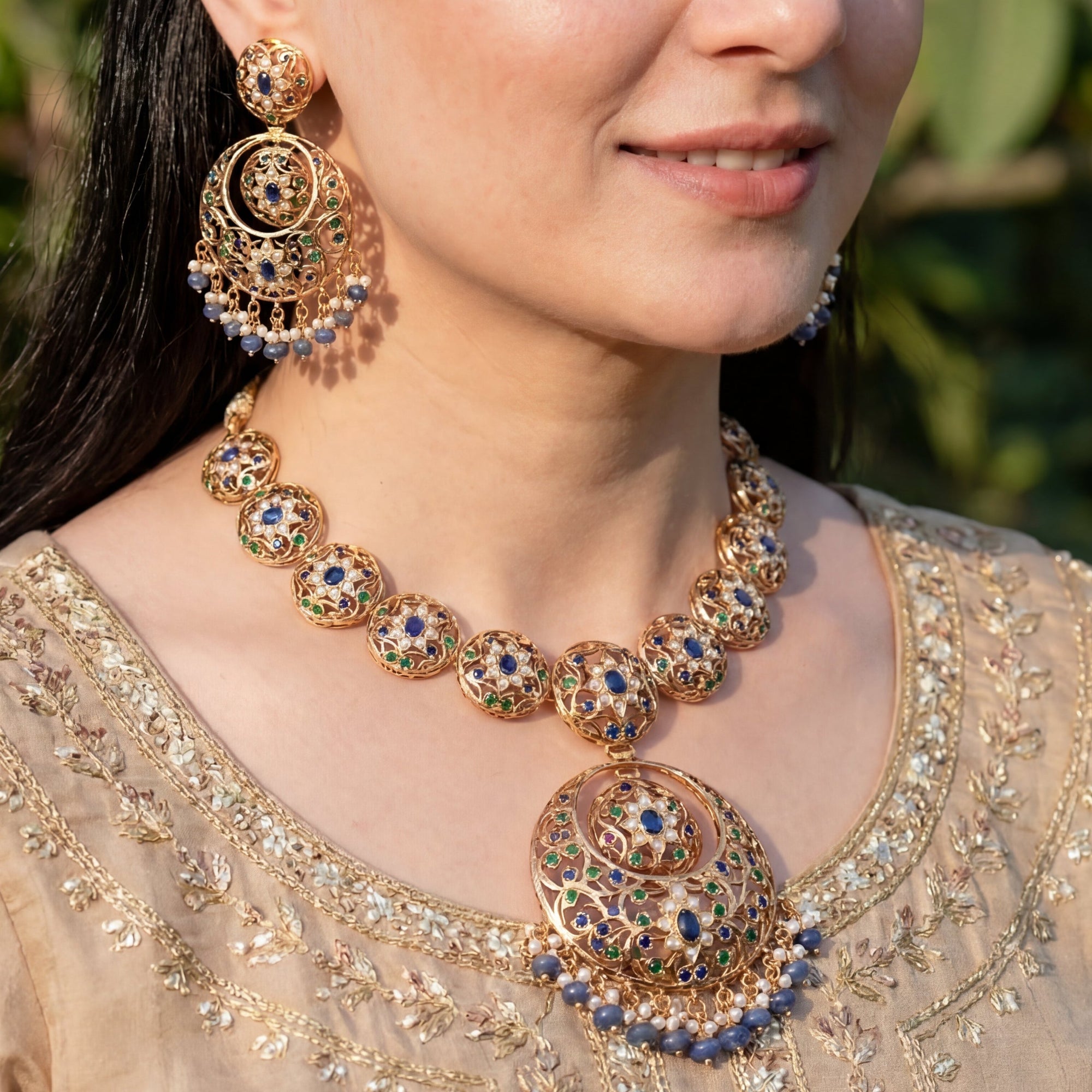 Antique Style Necklace Set | Gold Plated on Silver | Unique Color Combination NS 394