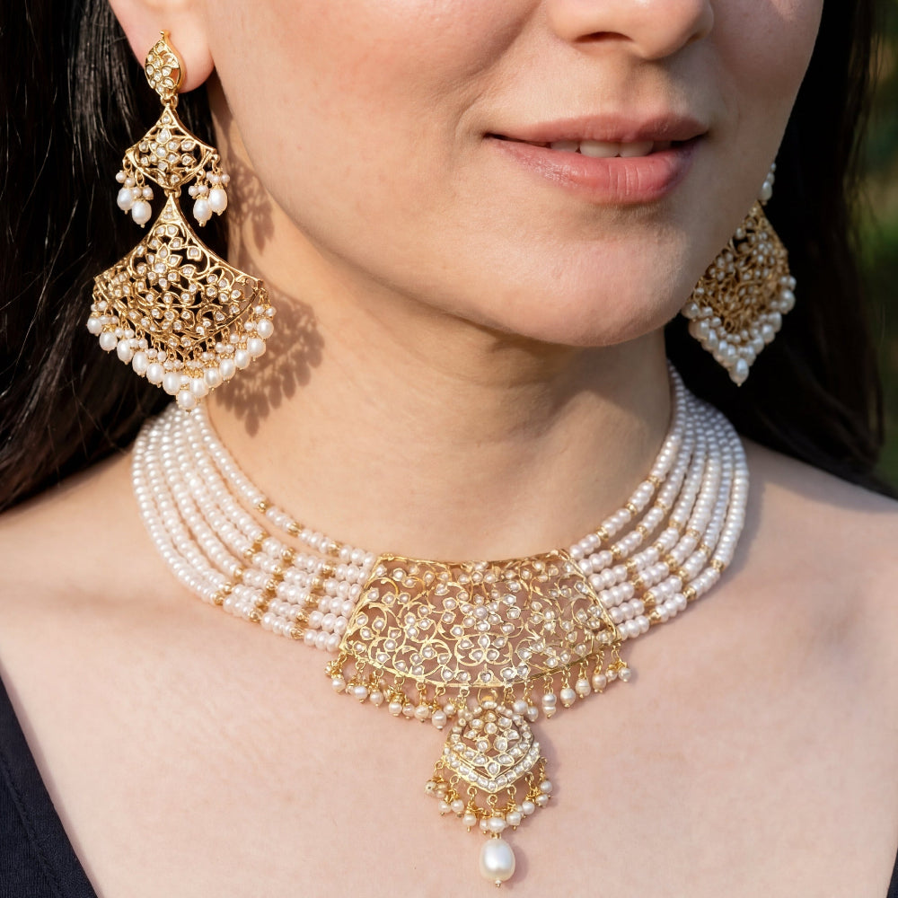 Gold Plated Pearl Choker | Statement Earrings | Real Pearls & 925 Silver NS 174