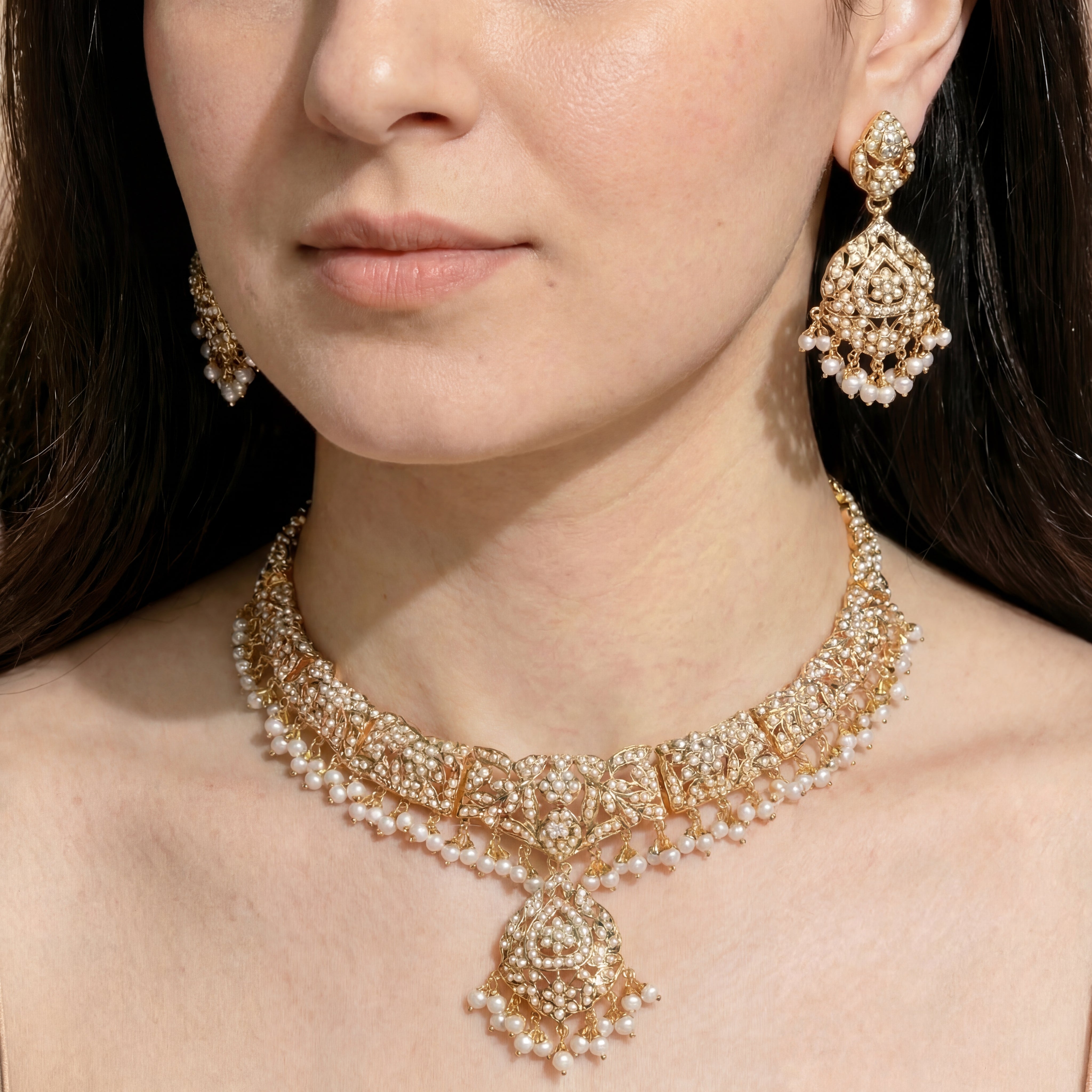 ముత్యాల ఆభరణాలు | పెర్ల్ నెక్లెస్ సెట్ | గోల్డ్ ప్లేటెడ్ సిల్వర్ NS 058