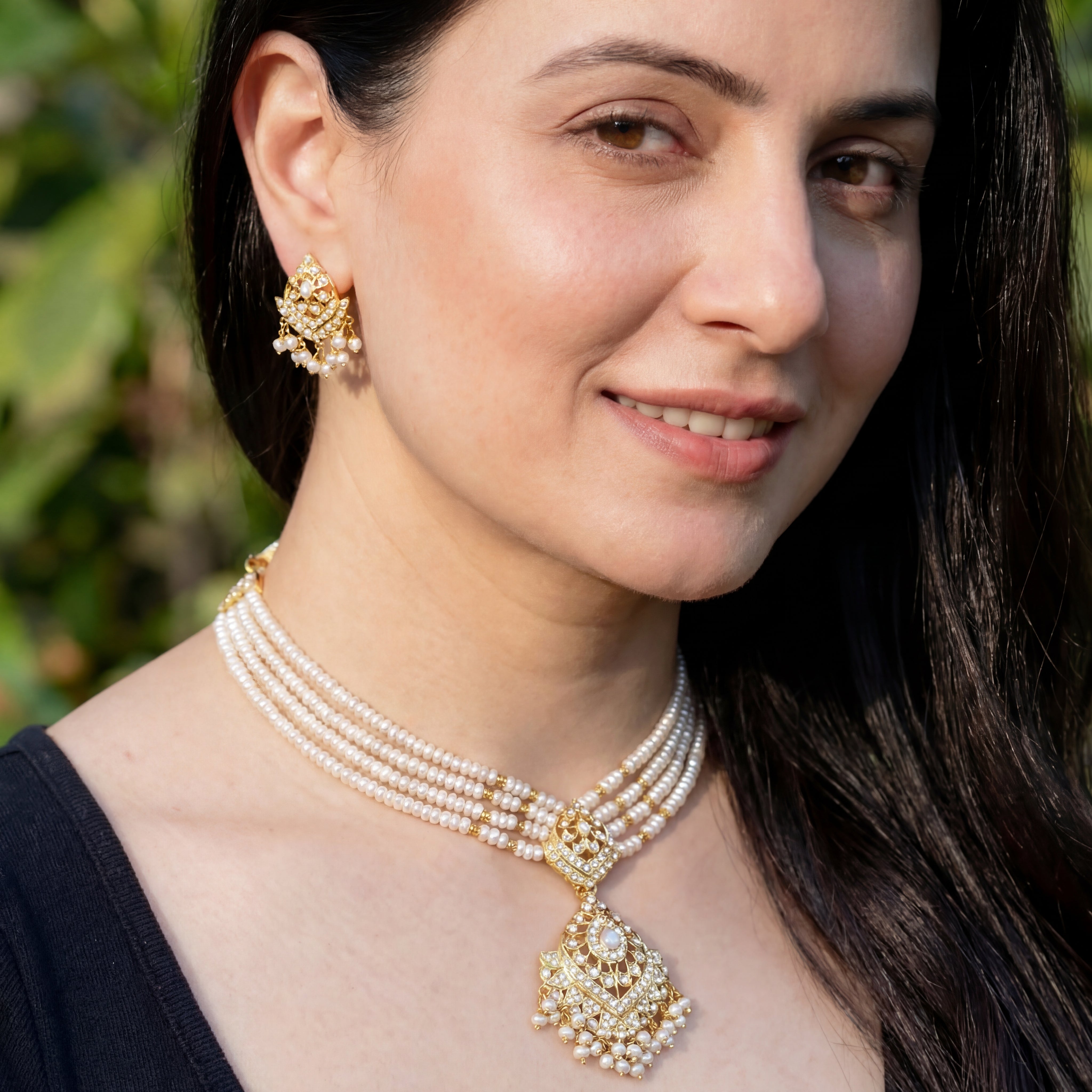 Pearl String Necklace Set with Matching Earrings in Gold Plated Silver NS 117