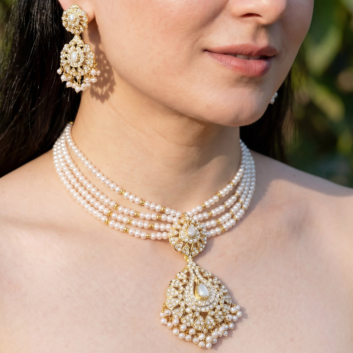 असली मोती का हार सेट | 925 चांदी पर सोना चढ़ाया हुआ NS 056