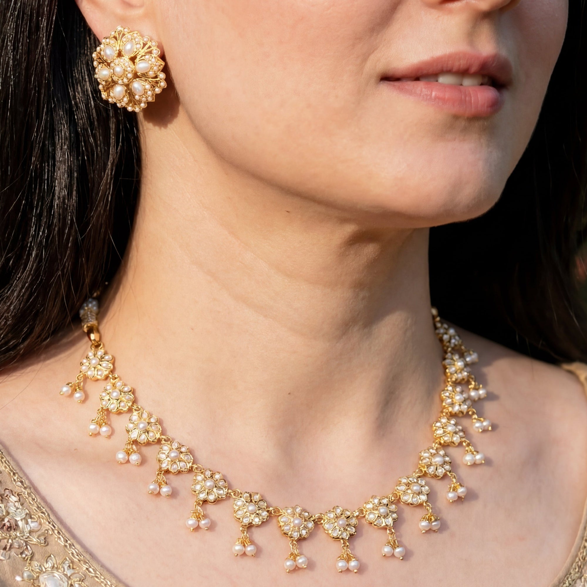 Elegant Pearl Necklace with Floral Studs | Delicate Pearl Jewelry | NS 275
