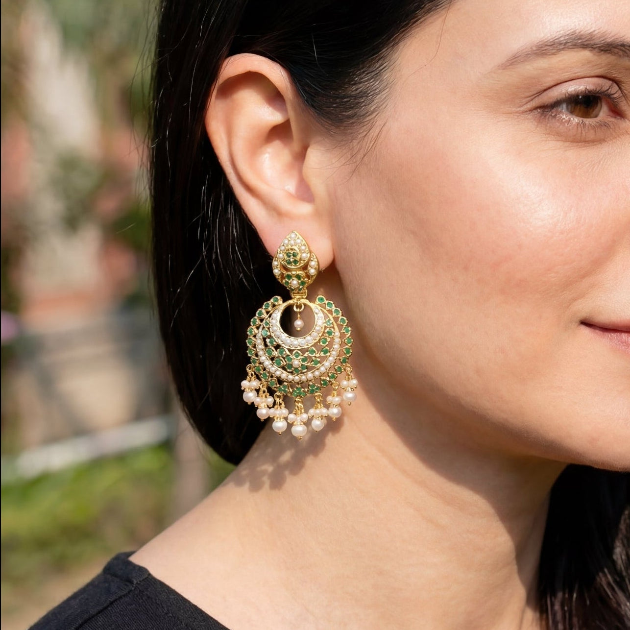 Gold Polished Chandbali Earrings in Emerald and Pearl Combination ER 202