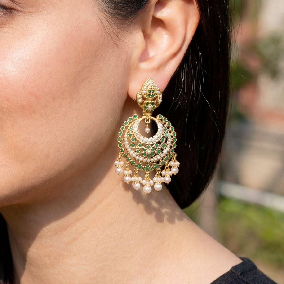 Gold Polished Chandbali Earrings in Emerald and Pearl Combination ER 202