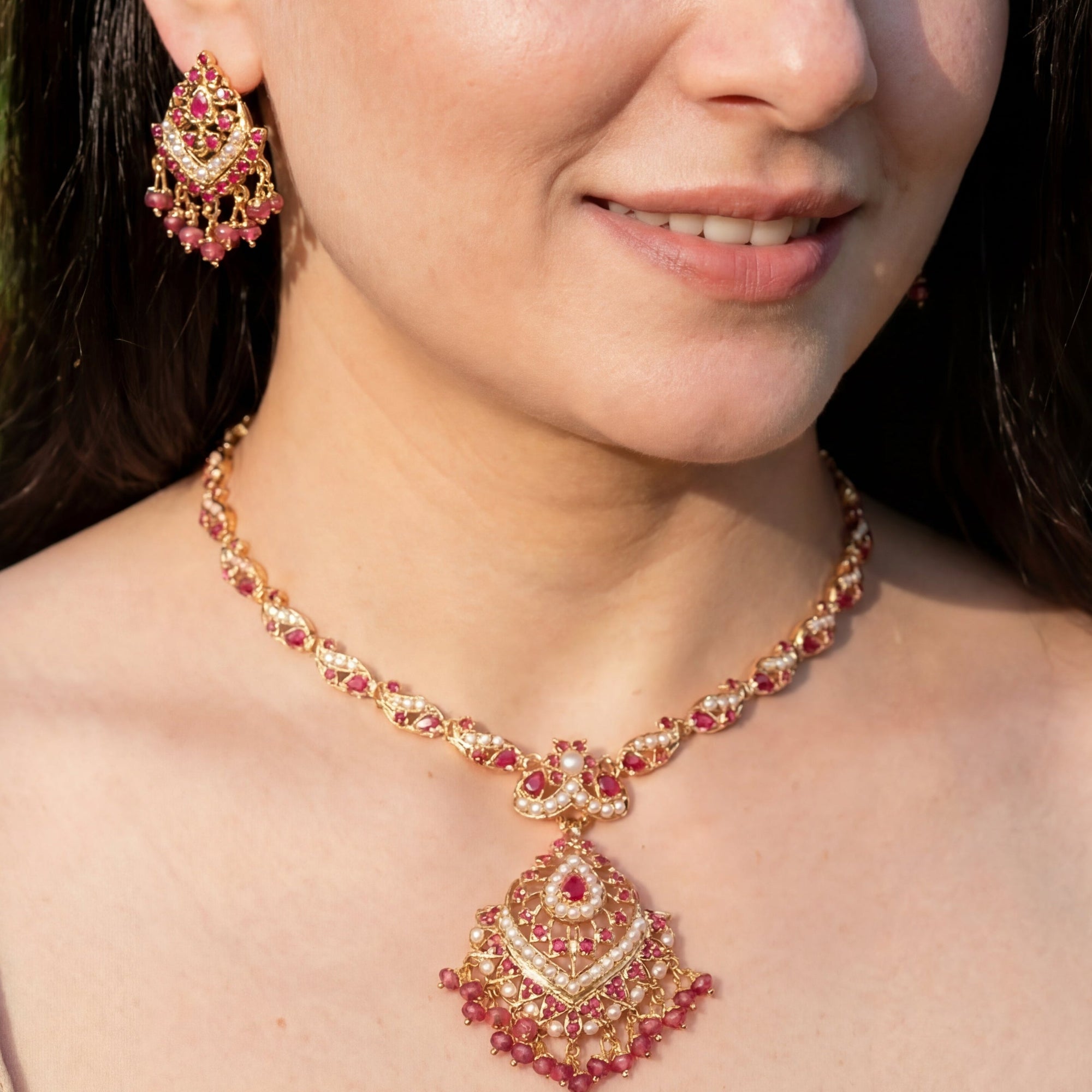 Ruby Necklace Set | Gold Plated Jadau Jewelry | 925 Sterling Silver NS 193