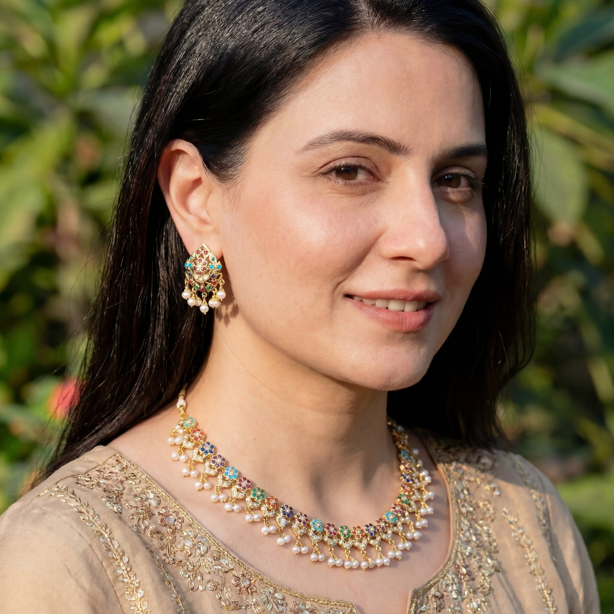 Delicate & Simple Design | Gold Plated Navratna Necklace Set | 925 Silver NS 101