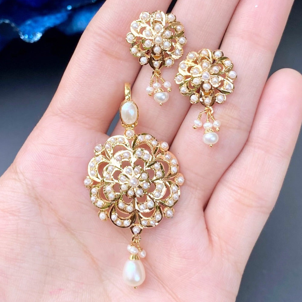 Light Weight Pearl Pendant Set | 22k Hallmarked Gold | Light Weight Jewelry Gift For Her
