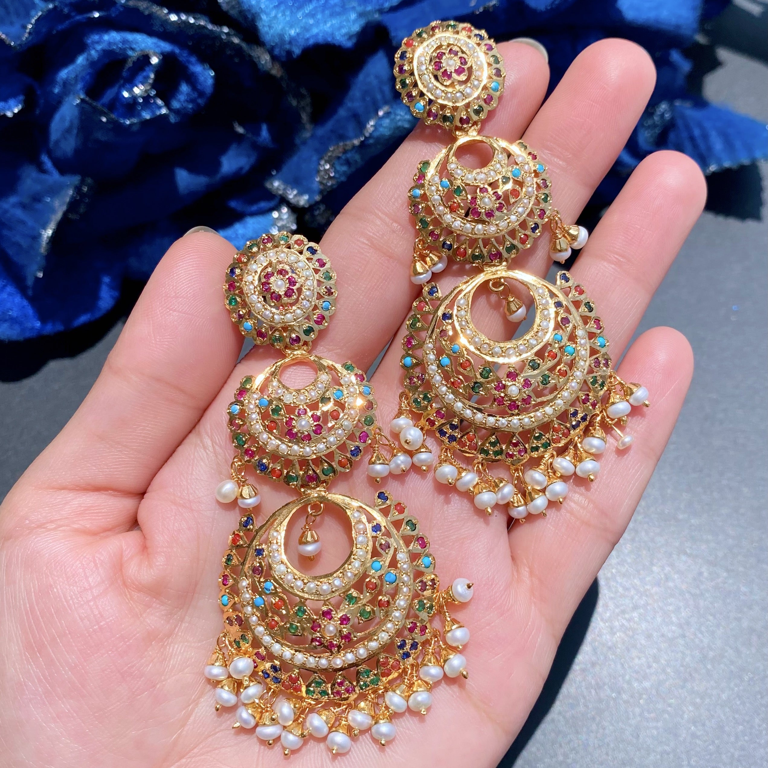 Navratna Double Chandbali Earrings | Gold Plated on Sterling Silver