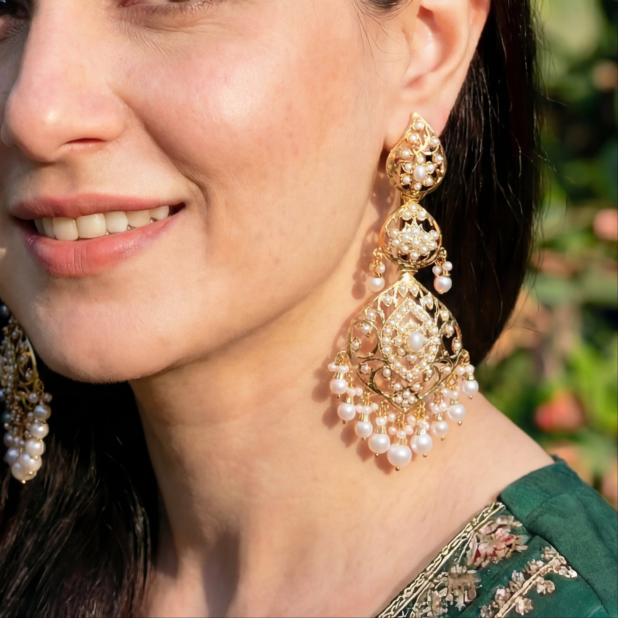 Stunning Jadau Earrings | Gold Plated on Silver | Real Freshwater Pearls ER 561