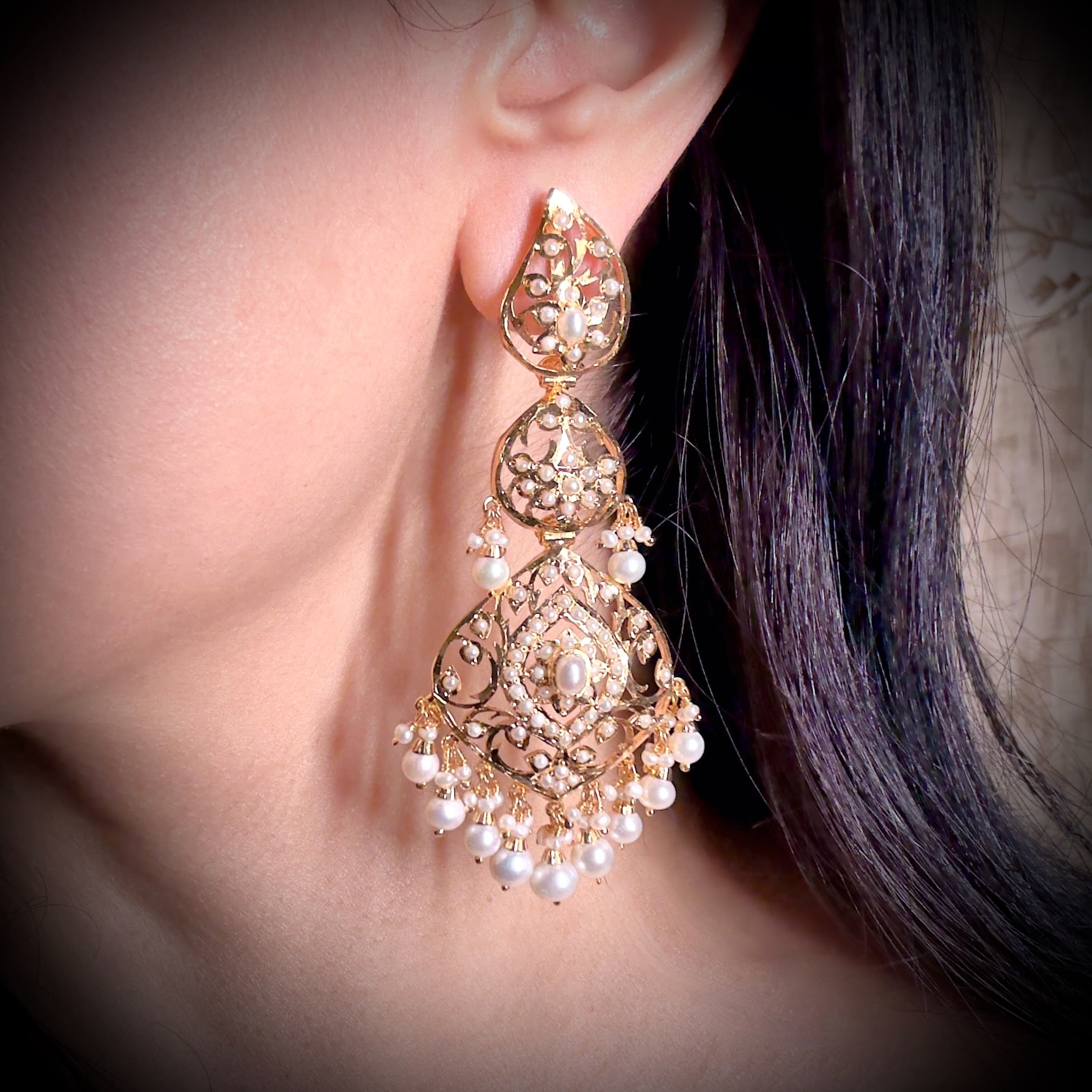 Stunning Jadau Earrings | Gold Plated on Silver | Real Freshwater Pearls ER 771