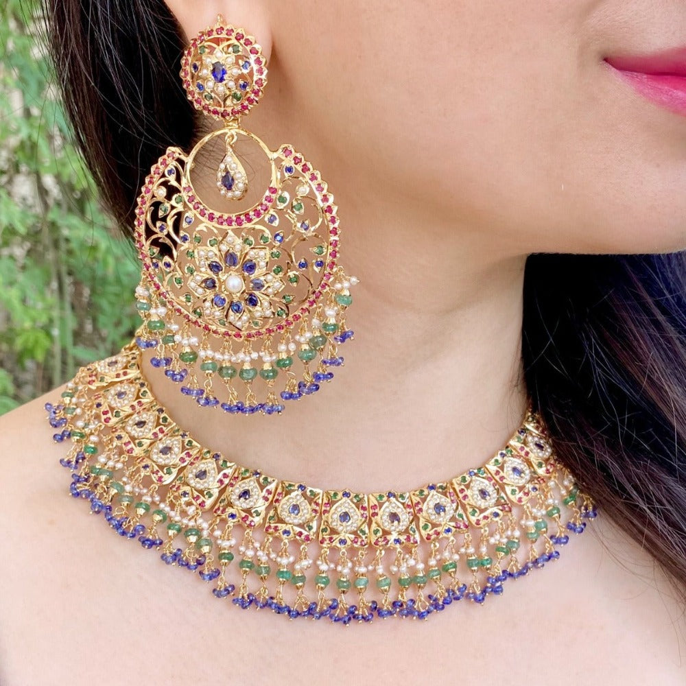Bridal Gold Plated Jewelry set | Jadau Necklace & Chandbali Earrings NS 146