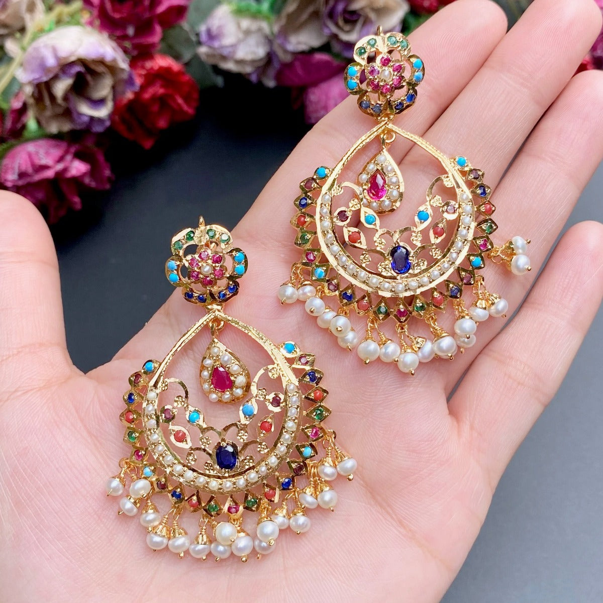 meermankaa navratna chandbali earrings