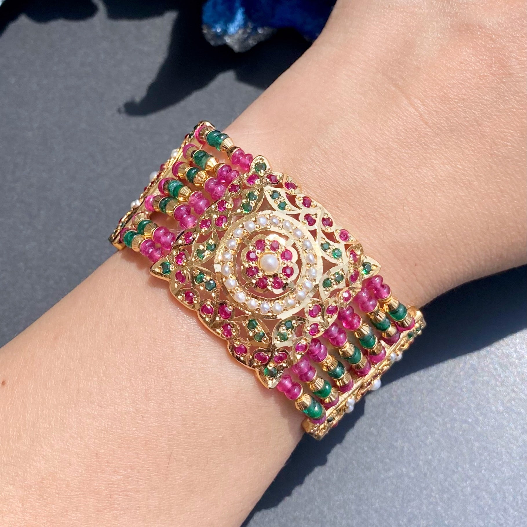 Traditional Punjabi Bracelet For Women | Ruby Emerald Pearl Combination | Gold Plated