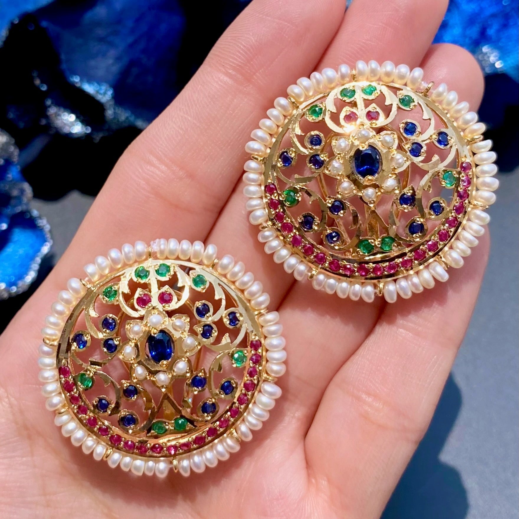 Exquisite Large Round Jadau Studs For Women | Gold Plated on Silver ER 553