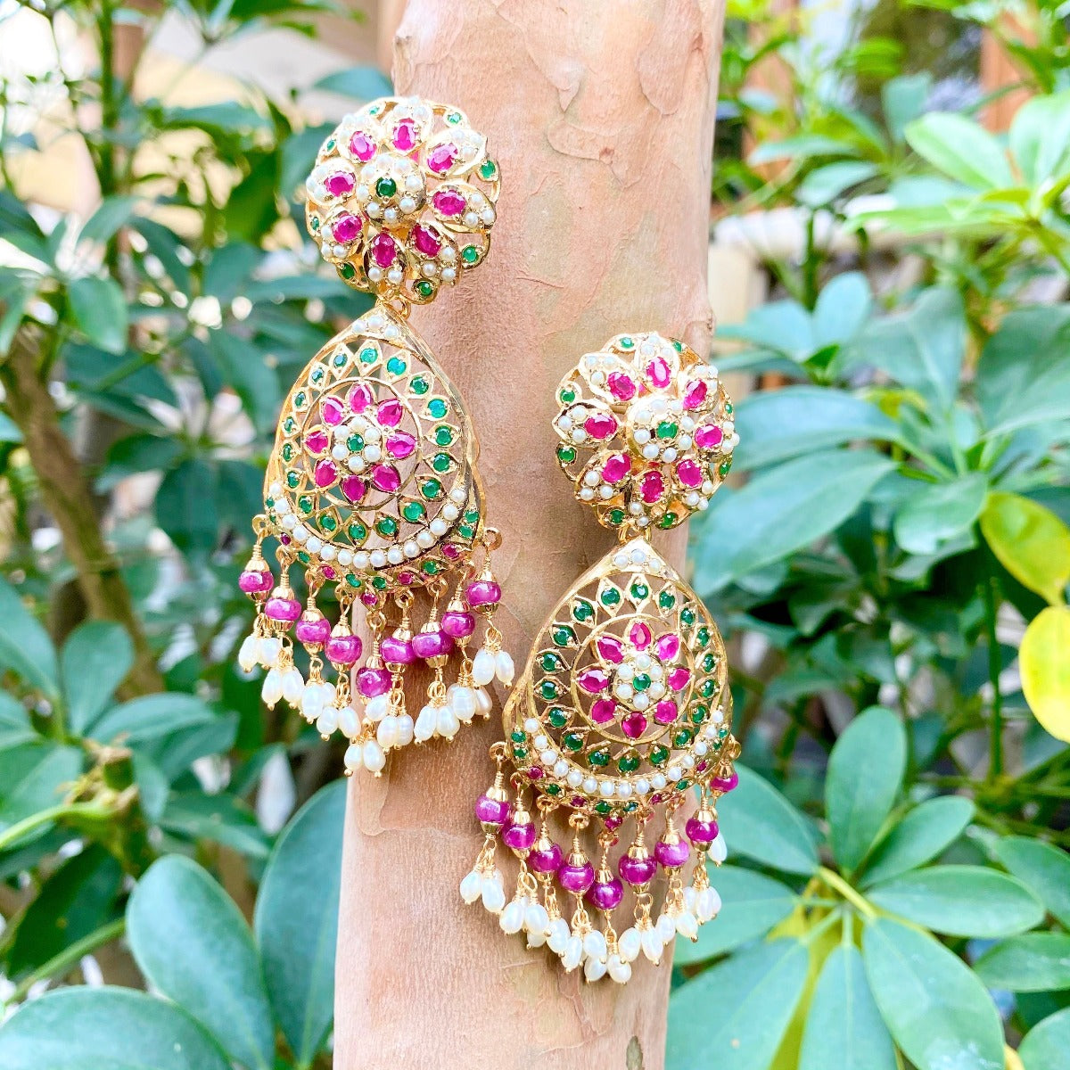 Multicolored Jadau Earrings in Gold Plated Silver ER 042