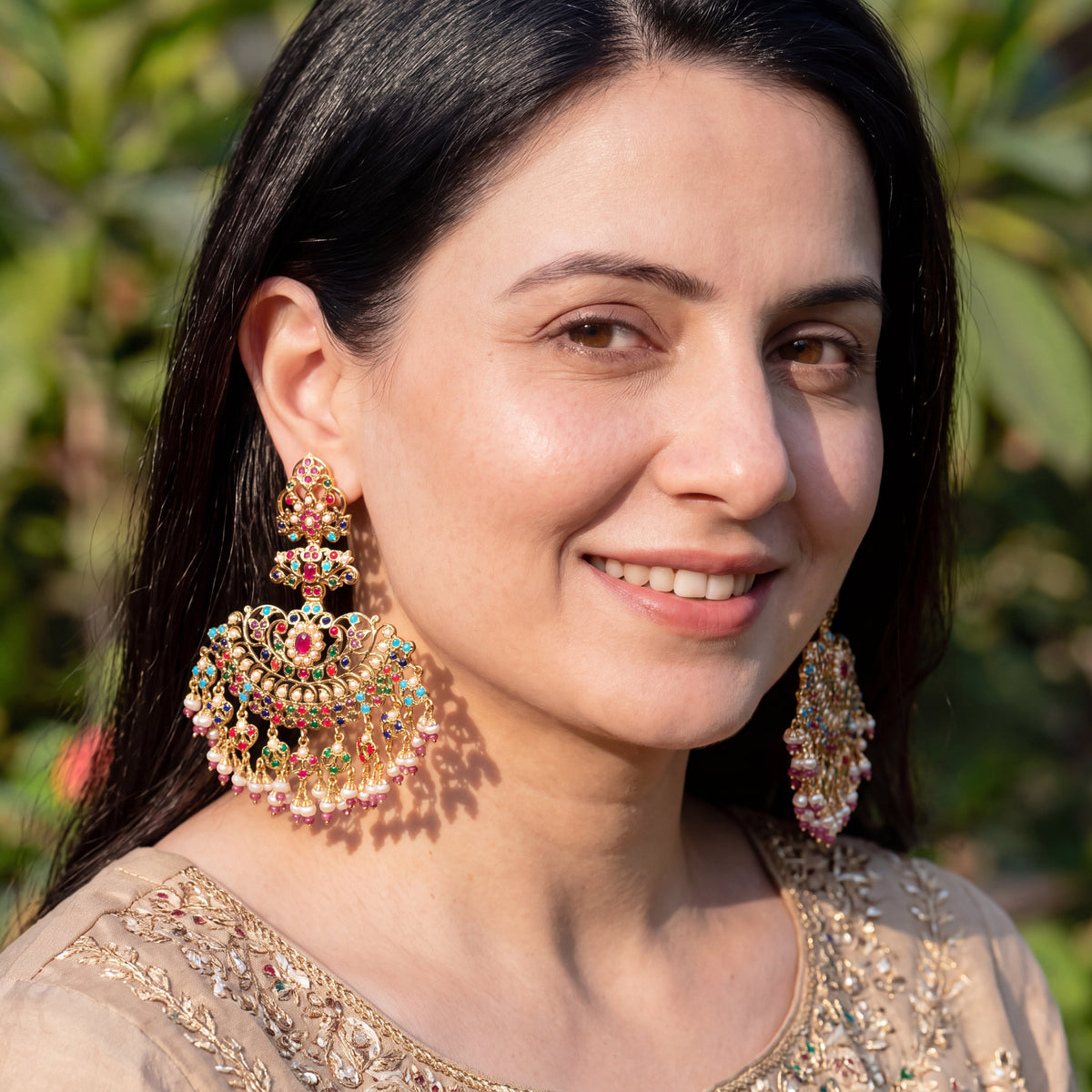 Statement Navratna Danglers on 925 Gold Plated Silver ER 741