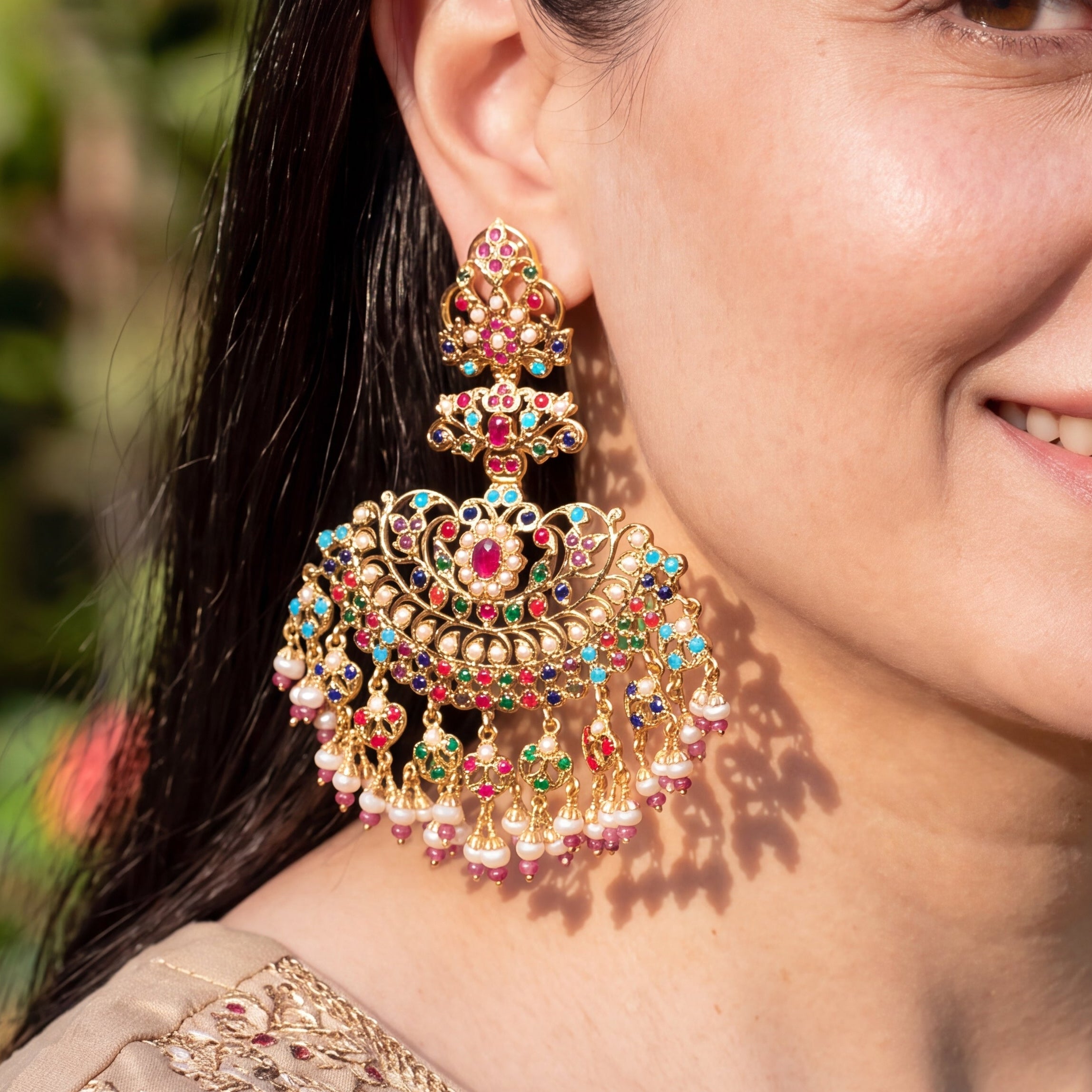 Statement Navratna Danglers on 925 Gold Plated Silver ER 741
