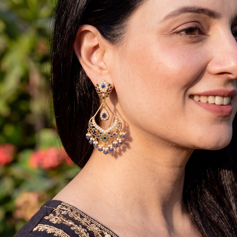 Regal Blue Stone & Pearl Statement Earrings | 925 Silver Gold Plated ER 742