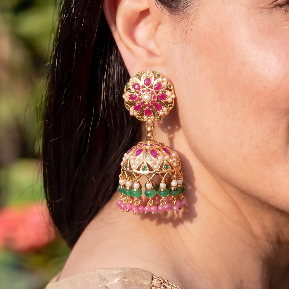 Statement Jadau Jhumka | Gold Plated on Sterling Silver ER 747
