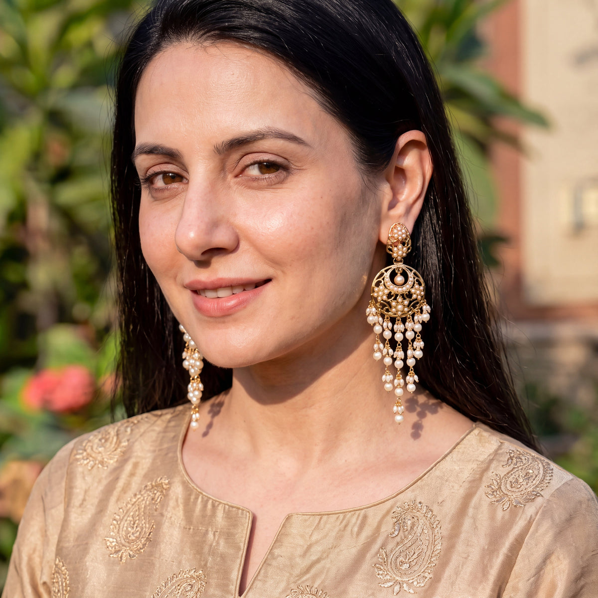 Long Pearl Jadau Chandbali Earrings | Gold Plated on 925 Silver ER 748