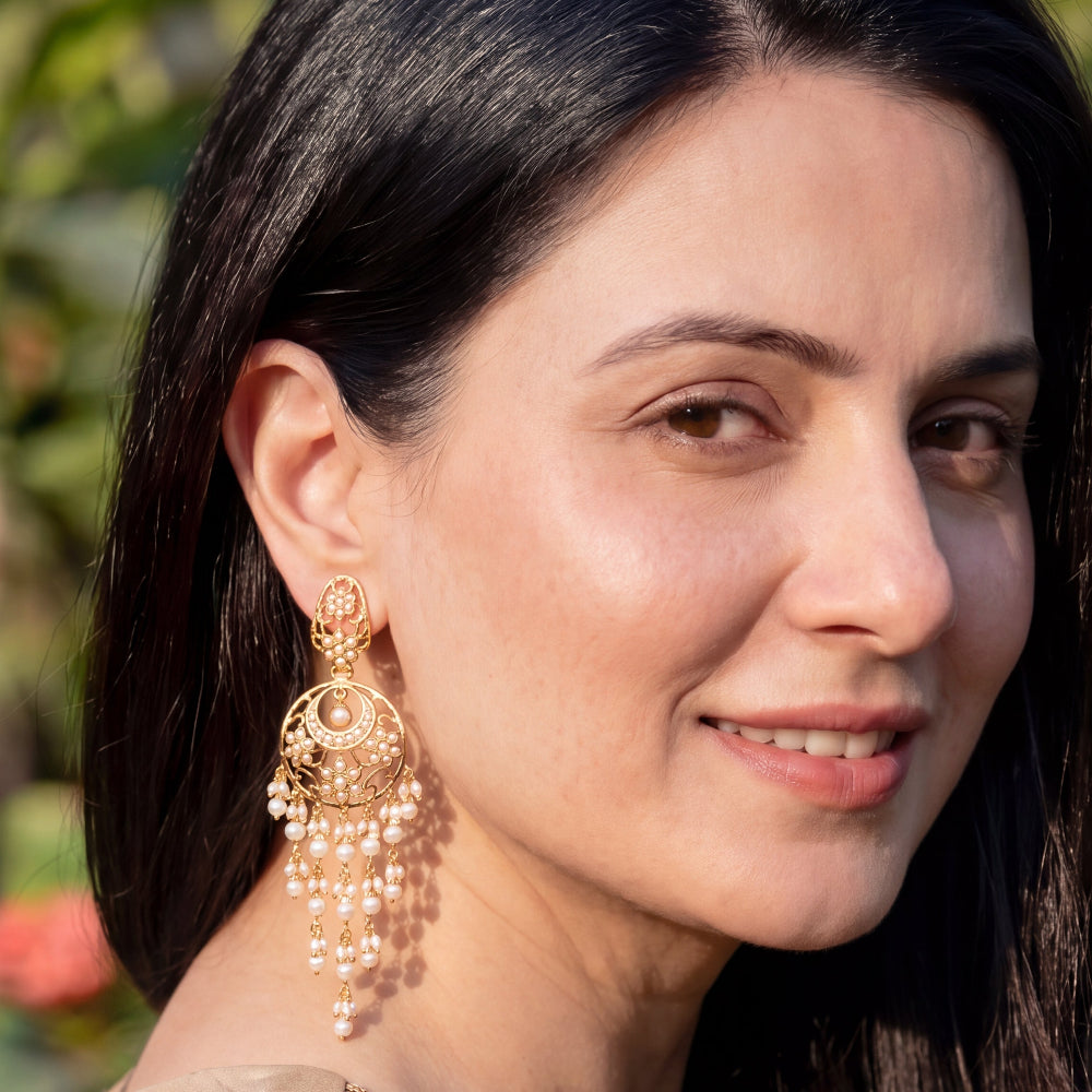 Long Pearl Jadau Chandbali Earrings | Gold Plated on 925 Silver ER 748