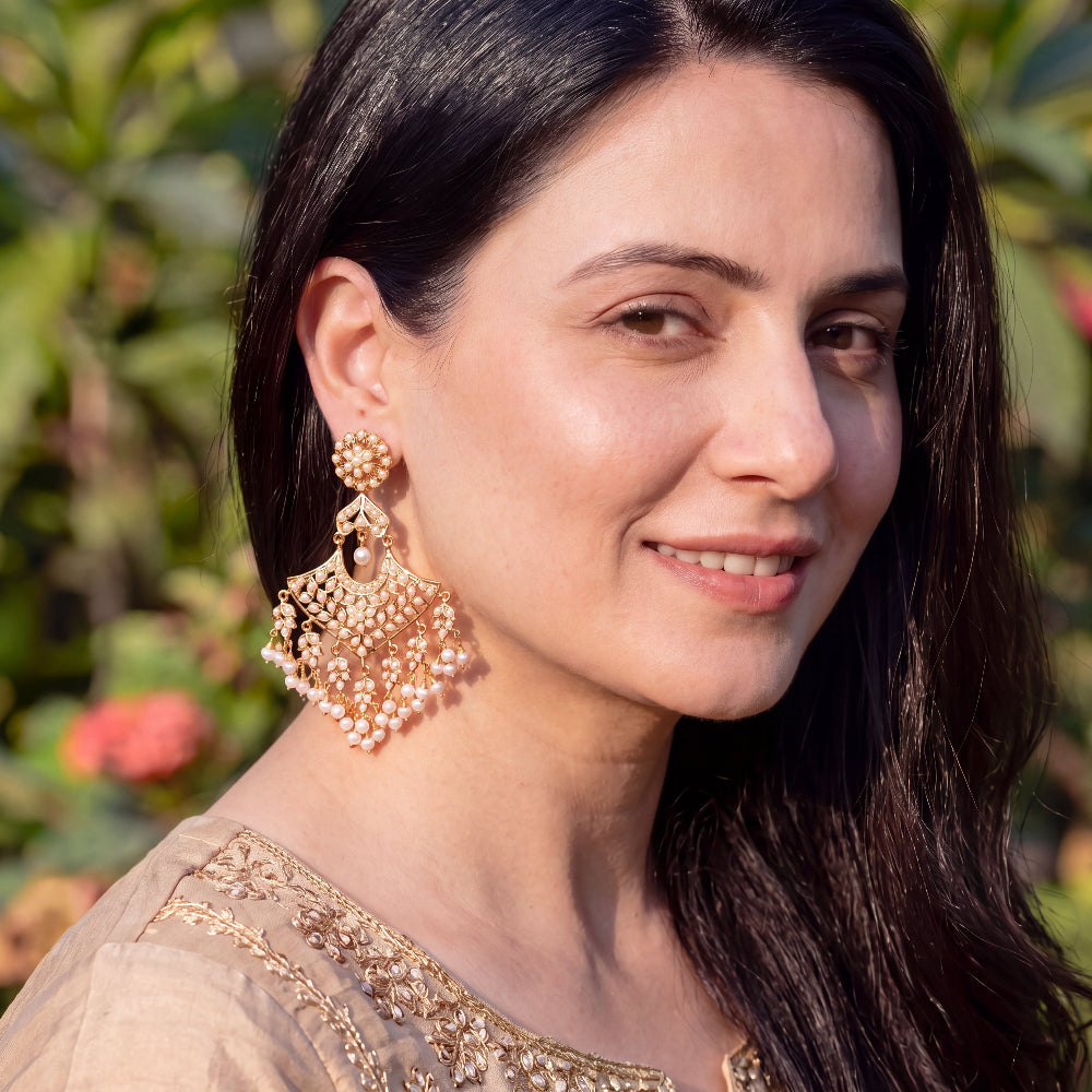 Pearl-Studded Chandbali Dangler Earrings | Gold Plated on 925 Silver ER 772